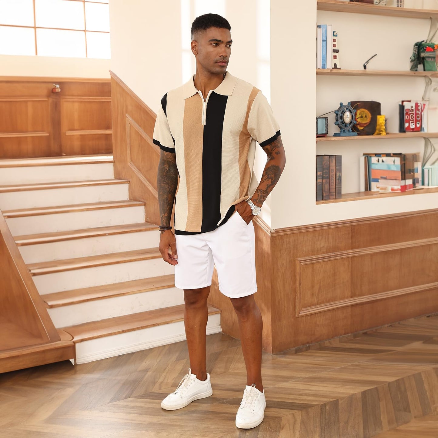 Men's Fashion Polo Shirts Vintage Striped Knitting Shirts Casual Slim Fit Golf Shirts Apricot