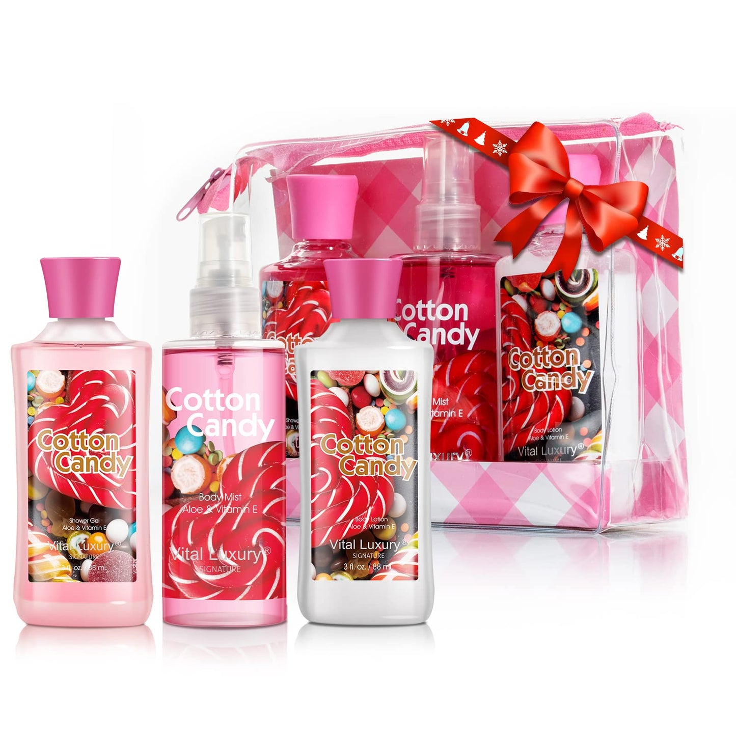 Vital Luxury Cotton Candy Bath & Body Travel Kit, 3 Fl Oz, Ideal Skincare Gift Home Spa Set, Includes Shower Gel, Body Lotion and Fragrance Mist, Christmas Gifts for Your Family and Friends
