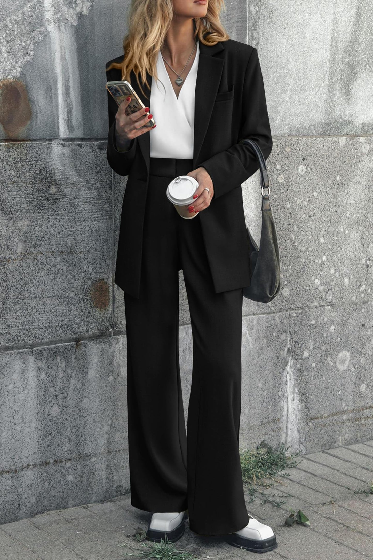 PRETTYGARDEN Women's 2024 Fall Two Piece Outfits Blazer Jacket and Wide Leg Pants Pockets Business Casual Suit Sets (Black,X-Large)