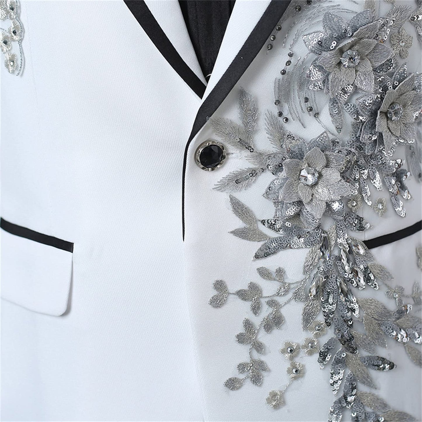 Mens 2 Pieces Luxury Embroidered Suits 1 Button Print Dinner Tuxedo Jacket Prom Wedding Elegant Blazer Dress Suit (Medium,White)
