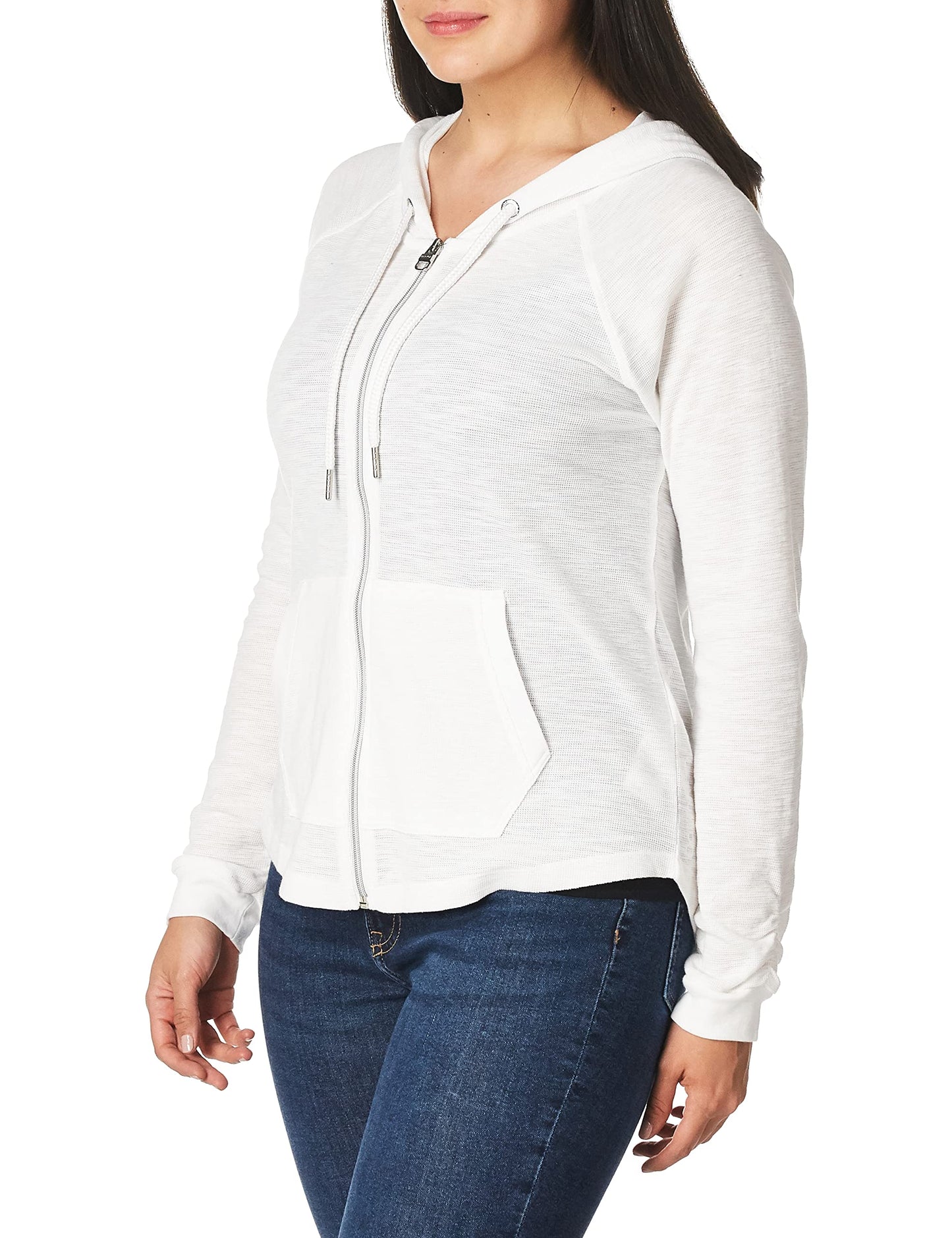 Calvin Klein Womens Ruched Long Sleeve Zip Front Hoodie, White, Medium