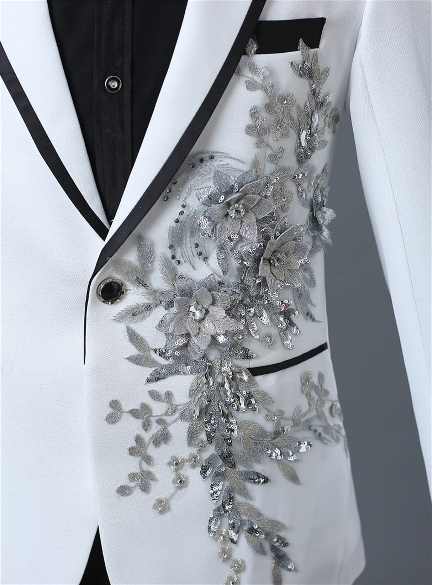 Mens 2 Pieces Luxury Embroidered Suits 1 Button Print Dinner Tuxedo Jacket Prom Wedding Elegant Blazer Dress Suit (Medium,White)