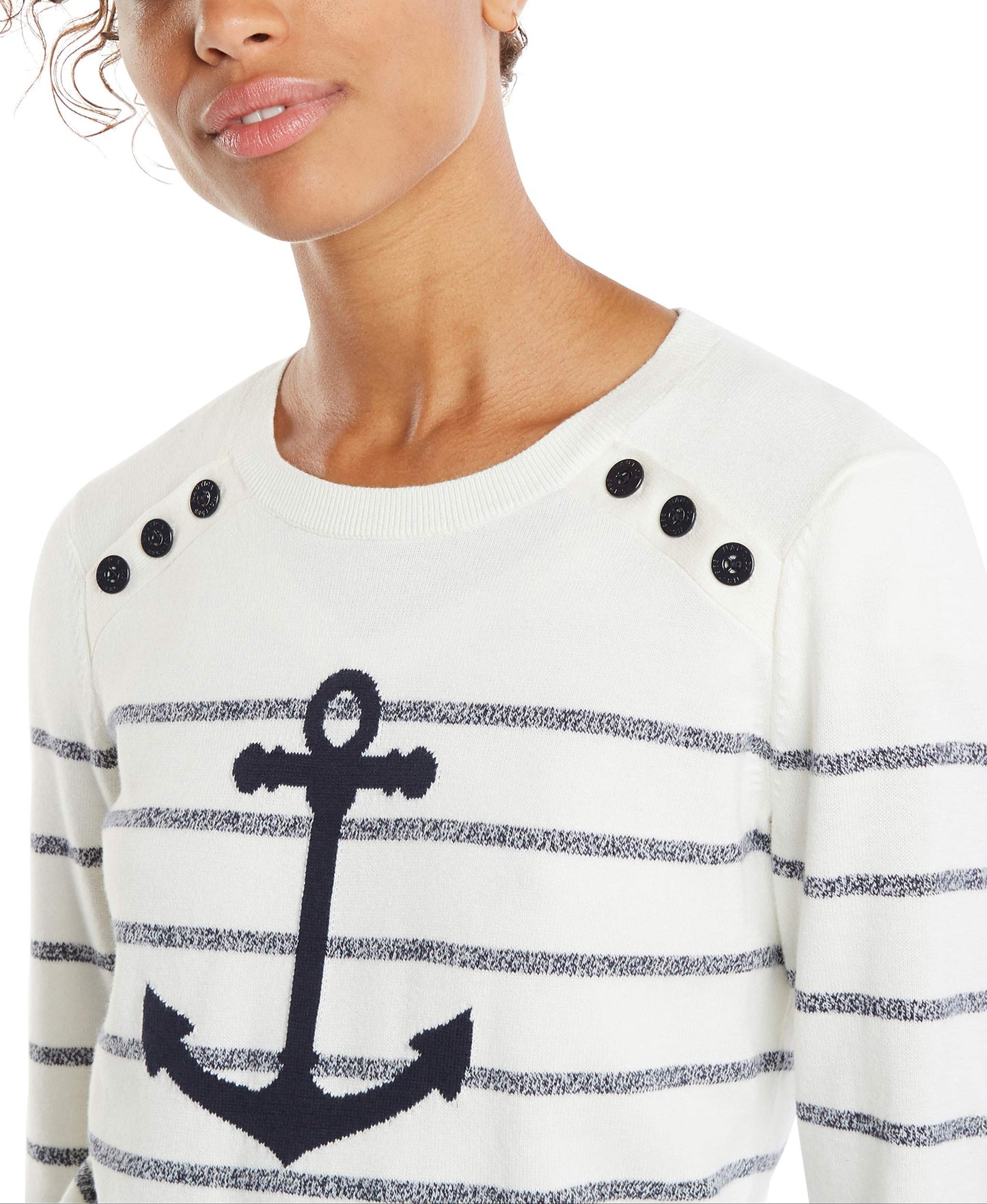 Nautica Women's Voyage Long Sleeve 100% Cotton Striped Crewneck Sweater, Marshmallow, Large