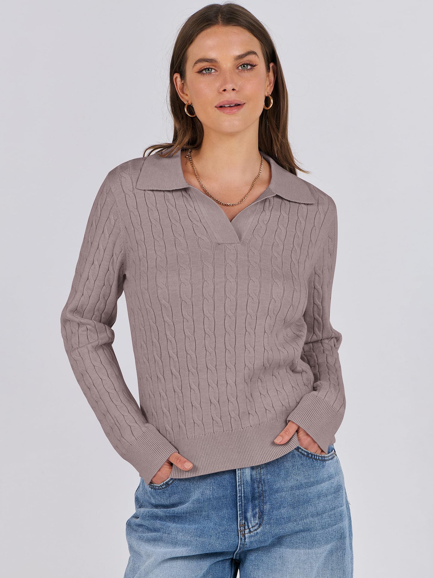 ANRABESS Womens Cable Knit Sweaters Long Sleeve V Neck Sweater Tops Casual Pullover Polo Shirts 2024 Fall Fashion Outfits Purple Taupe XL