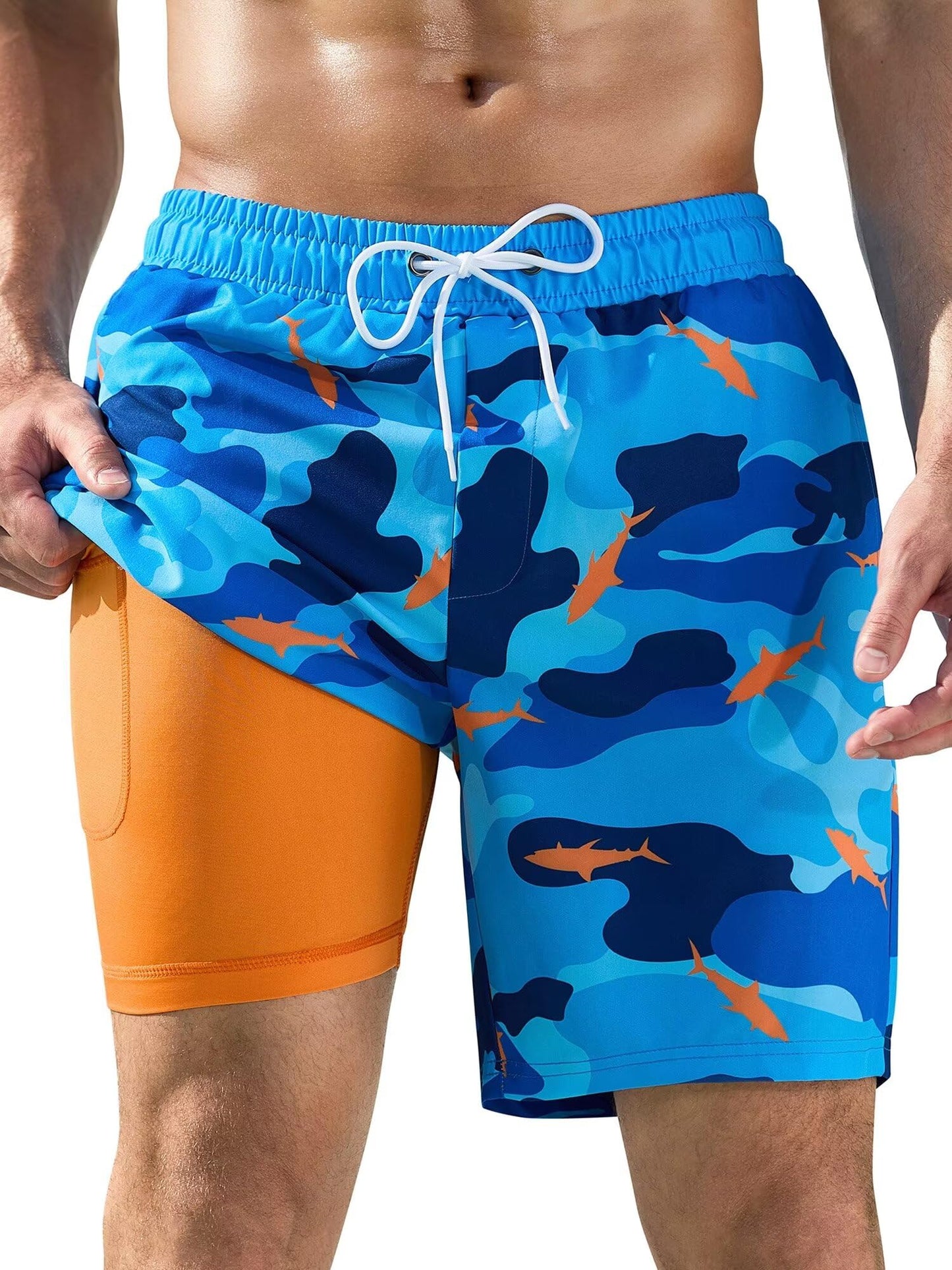 SILKWORLD Mens Swim Trunks with Compression Liner Quick Dry Bathing Suits Shorts with Zipper Pockets, Camouflage Fish, Large