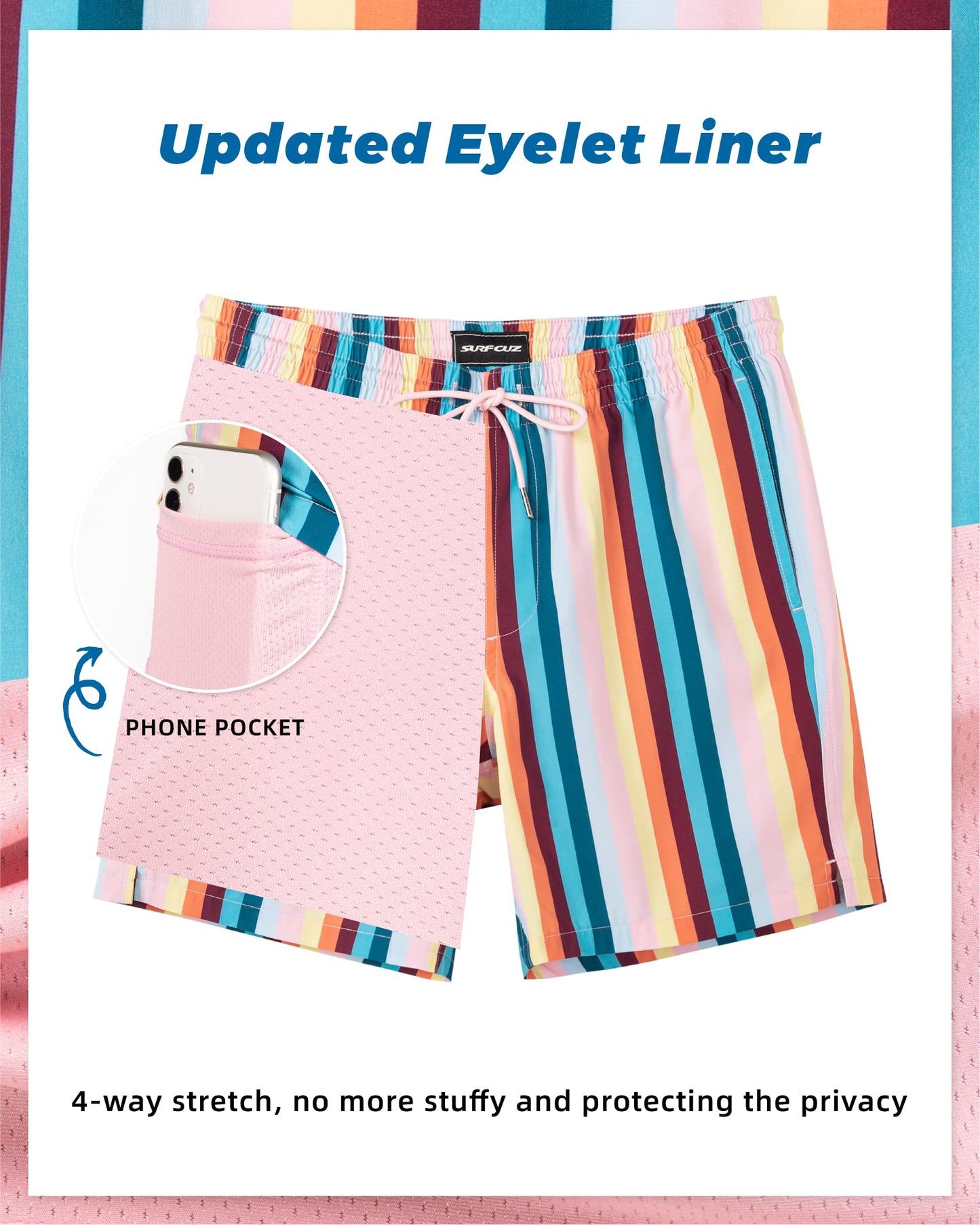 SURF CUZ Mens Swim Trunks with Compression Liner Quick Dry Swim Shorts 7" Swimming Trunks Stretch Zipper Pockets Beige Vintage Stripes Large