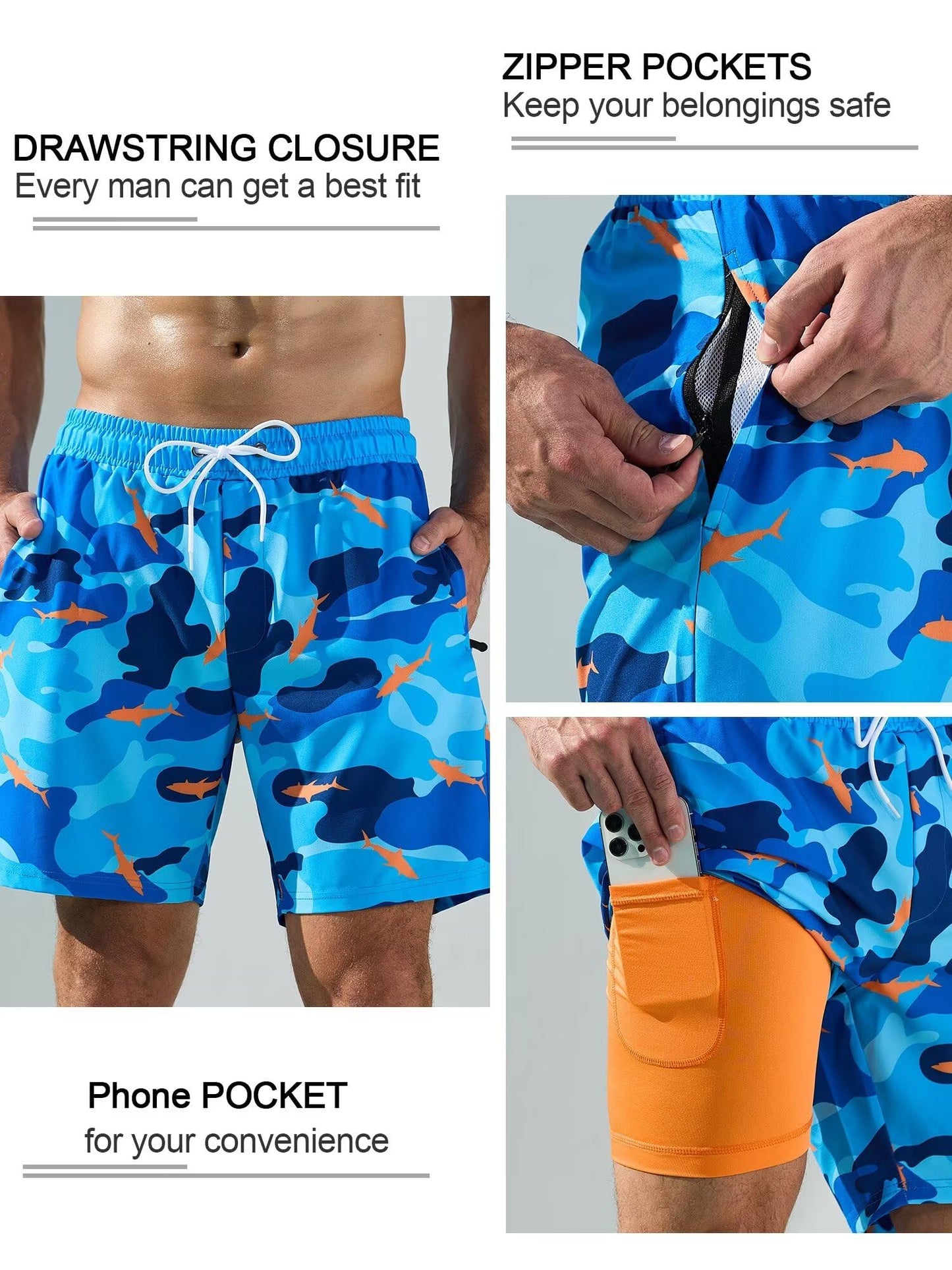 SILKWORLD Mens Swim Trunks with Compression Liner Quick Dry Bathing Suits Shorts with Zipper Pockets, Camouflage Fish, Large