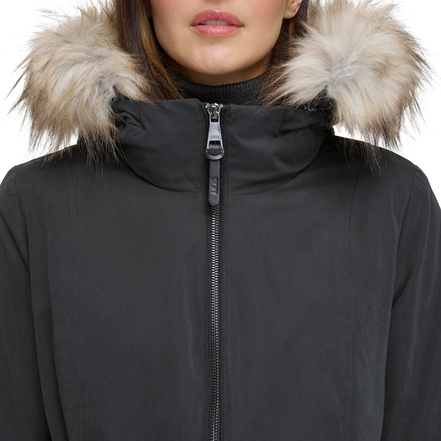 DKNY Women's Faux-Fur Trim Anorak Coat, Black