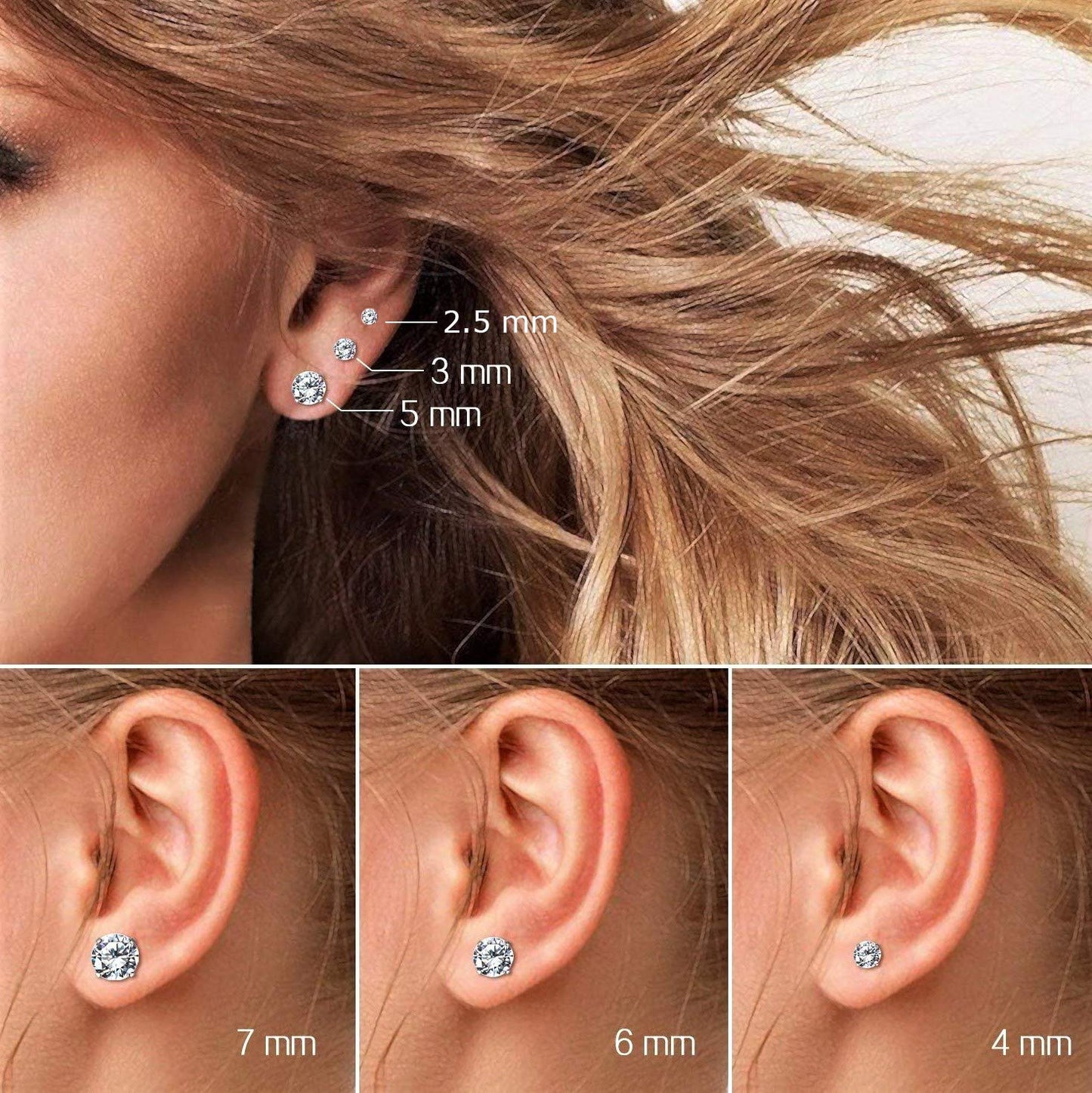14k White Gold Round CZ Stud Earrings with Gold Butterfly Pushbacks Real Solid Gold Solitaire 14K Gold Earrings (5mm)