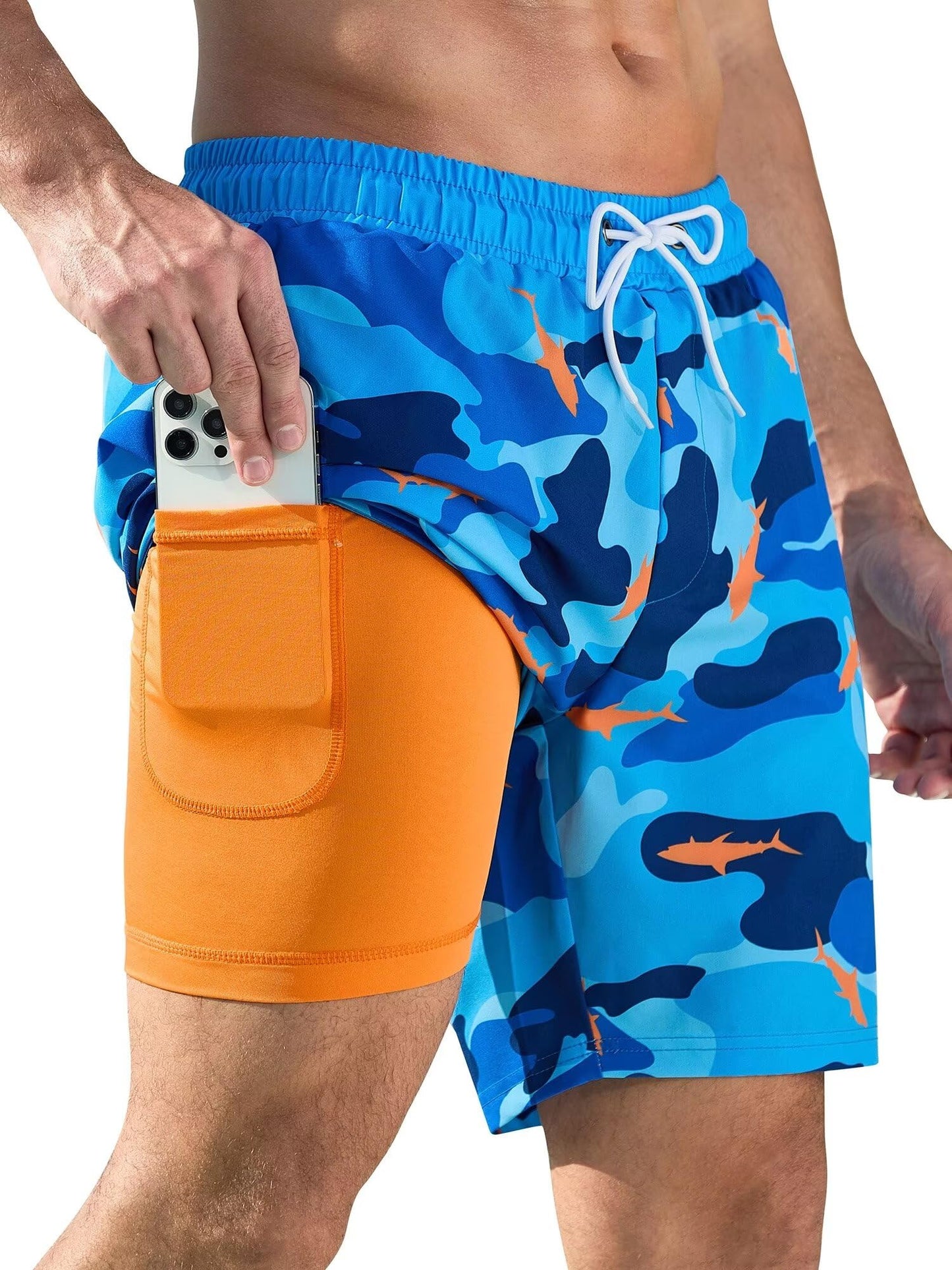 SILKWORLD Mens Swim Trunks with Compression Liner Quick Dry Bathing Suits Shorts with Zipper Pockets, Camouflage Fish, Large