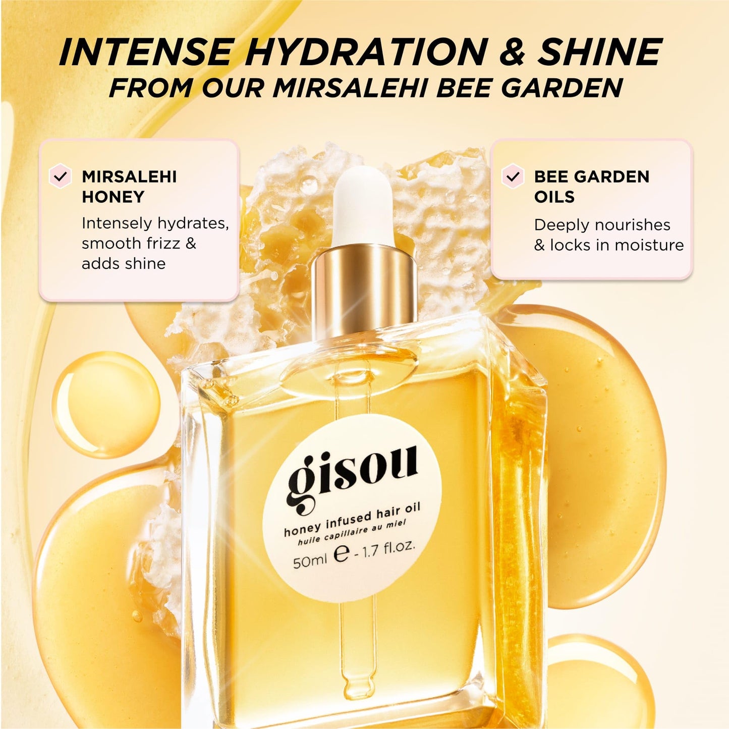 Gisou Honey Infused Hair Oil, Enriched with Mirsalehi Honey for Deep Nourishment, Hydration, Frizz Control, Heat Protection and Hair Shine, Hair Oil for Damaged Hair and Dry Hair (1.7 fl oz)