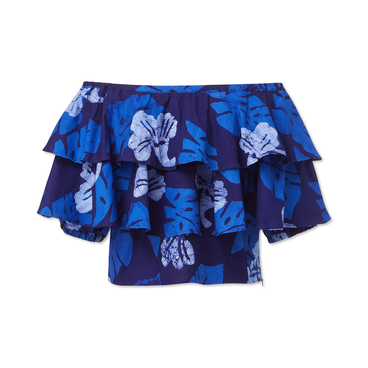 Hand-Batik Cotton Double Ruffle Top, Blue, XL