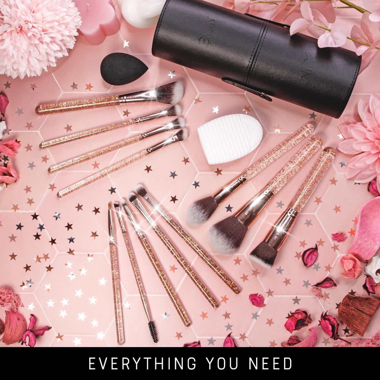 Niré Beauty 15piece Award Winning Glitter Makeup Brushes: Cute Makeup Brushes Set with Case, Beauty Blender, Cleaner, Guide, Gift Box