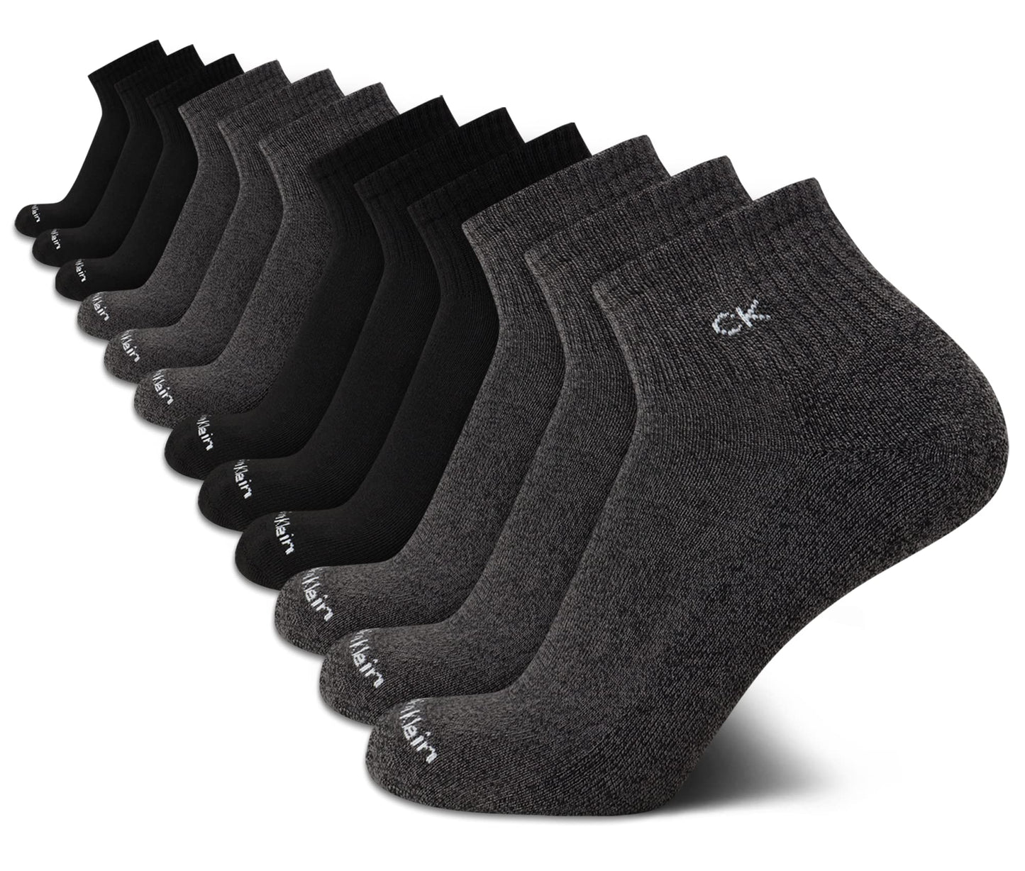 Calvin Klein Men's Socks - Athletic Cushioned Quarter Cut Ankle Socks (12 Pack), Size 712, GreyBlack