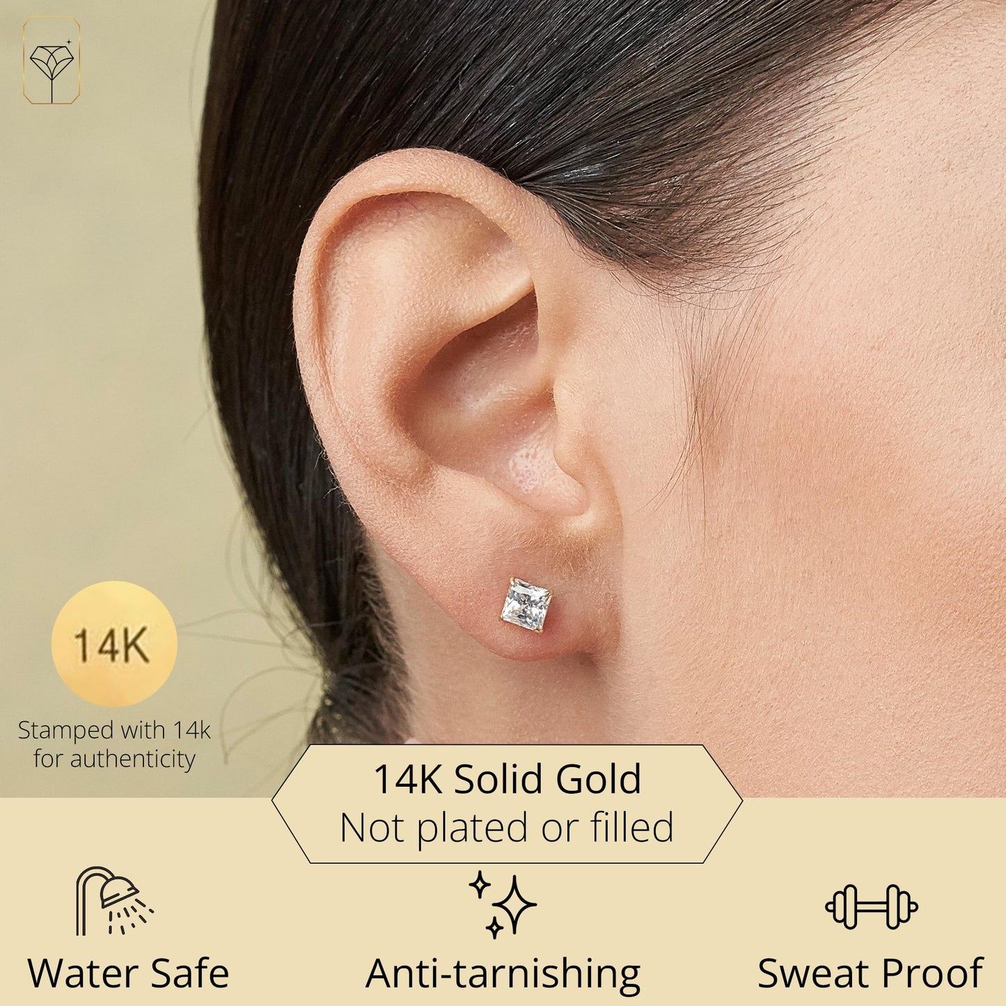 MAX + STONE 14k Yellow Gold Princess Cut CZ Earring for Women & Men | Cubic Zirconia Square Stud with Gold Earring Backs | 1.5 Carats total