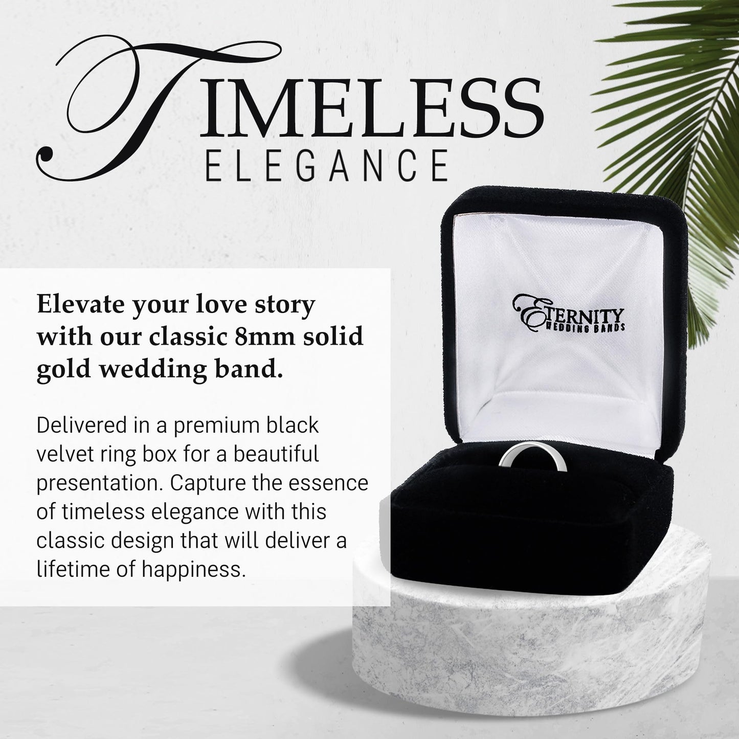 EWB Signature Jewelry Classic 8mm Solid Gold Wedding Band in 14K White Gold, Comfort Fit, Finger Size 13