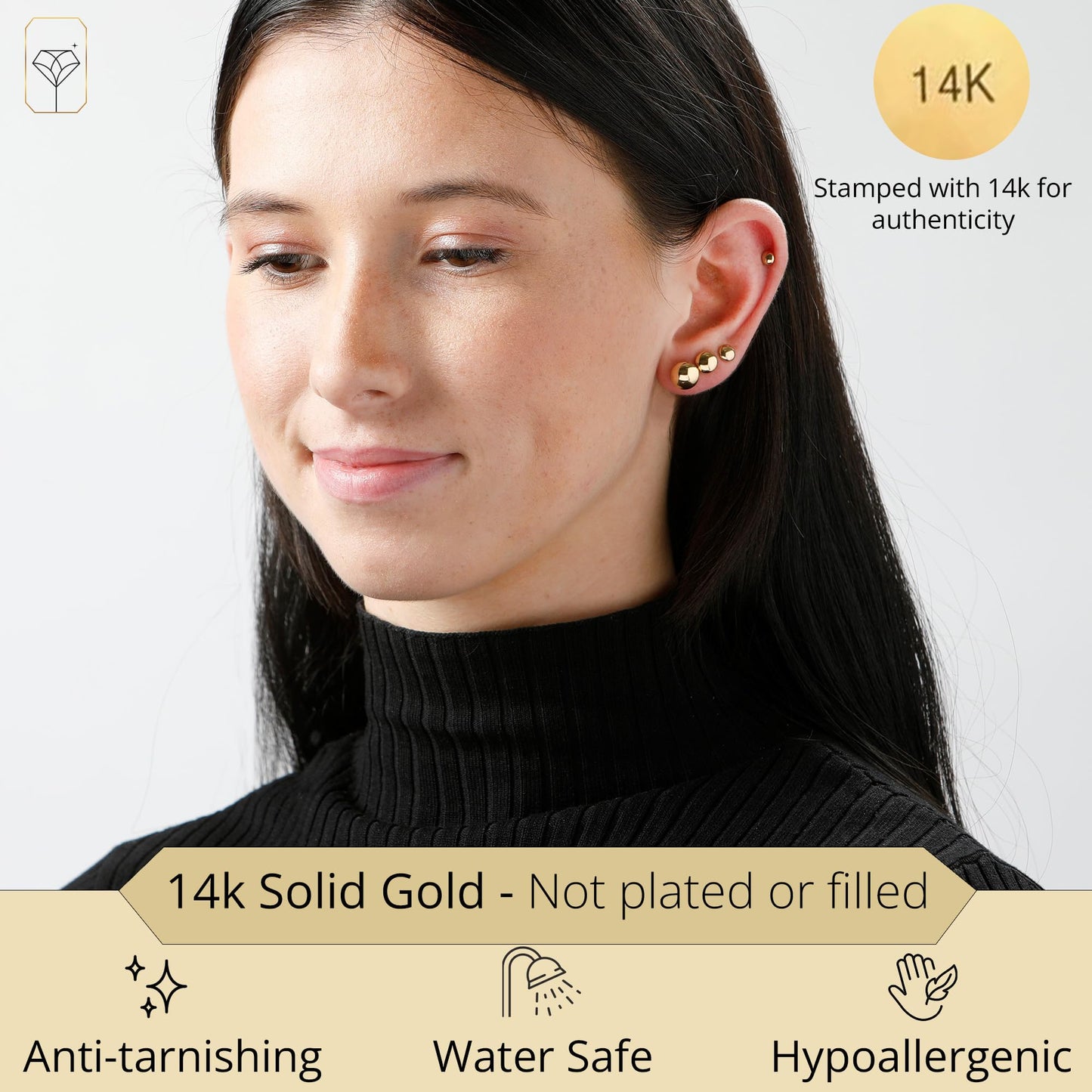 MAX + STONE Yellow Large Gold Ball, 14k Real Gold Stud Earrings for Women Men, 8MM Real Gold Post, Half Button Earrings