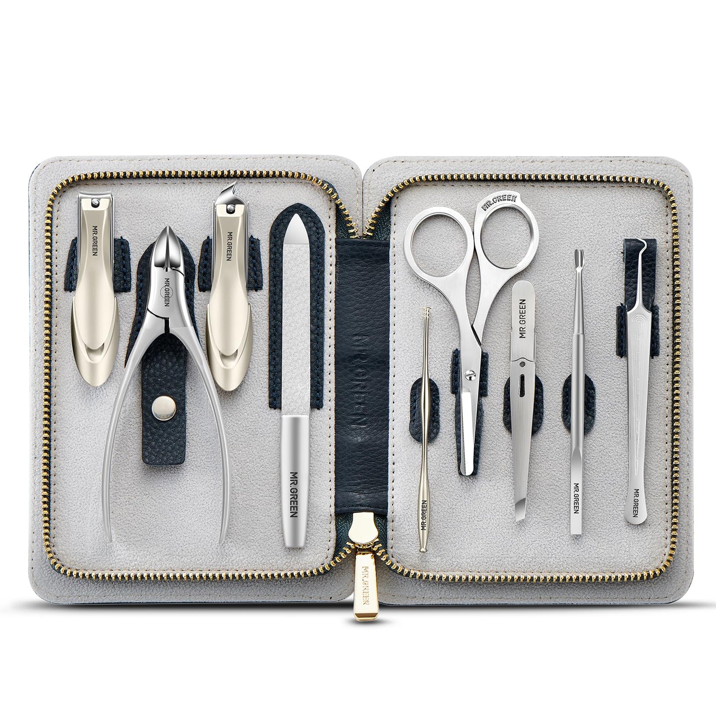 MR.GREEN Innate Luxury Manicure Set Surgical Grade Scissors Stainless nail clipper Kit full grain cow leather package Pedicure (9 in 1 Manicure Set)