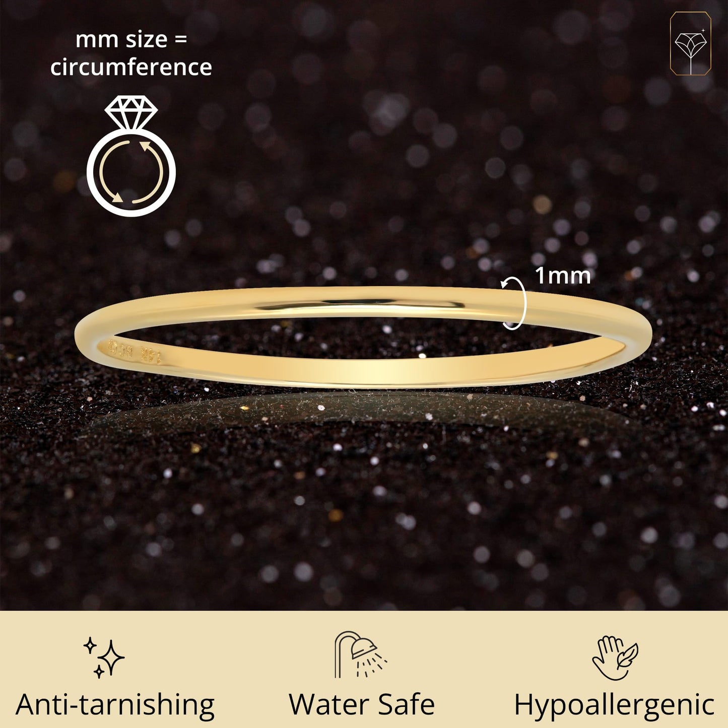 MAX + STONE Solid 14k Gold Wedding Band Ring for Women in Yellow Gold 1mm Thin Stacking Band in Size 8