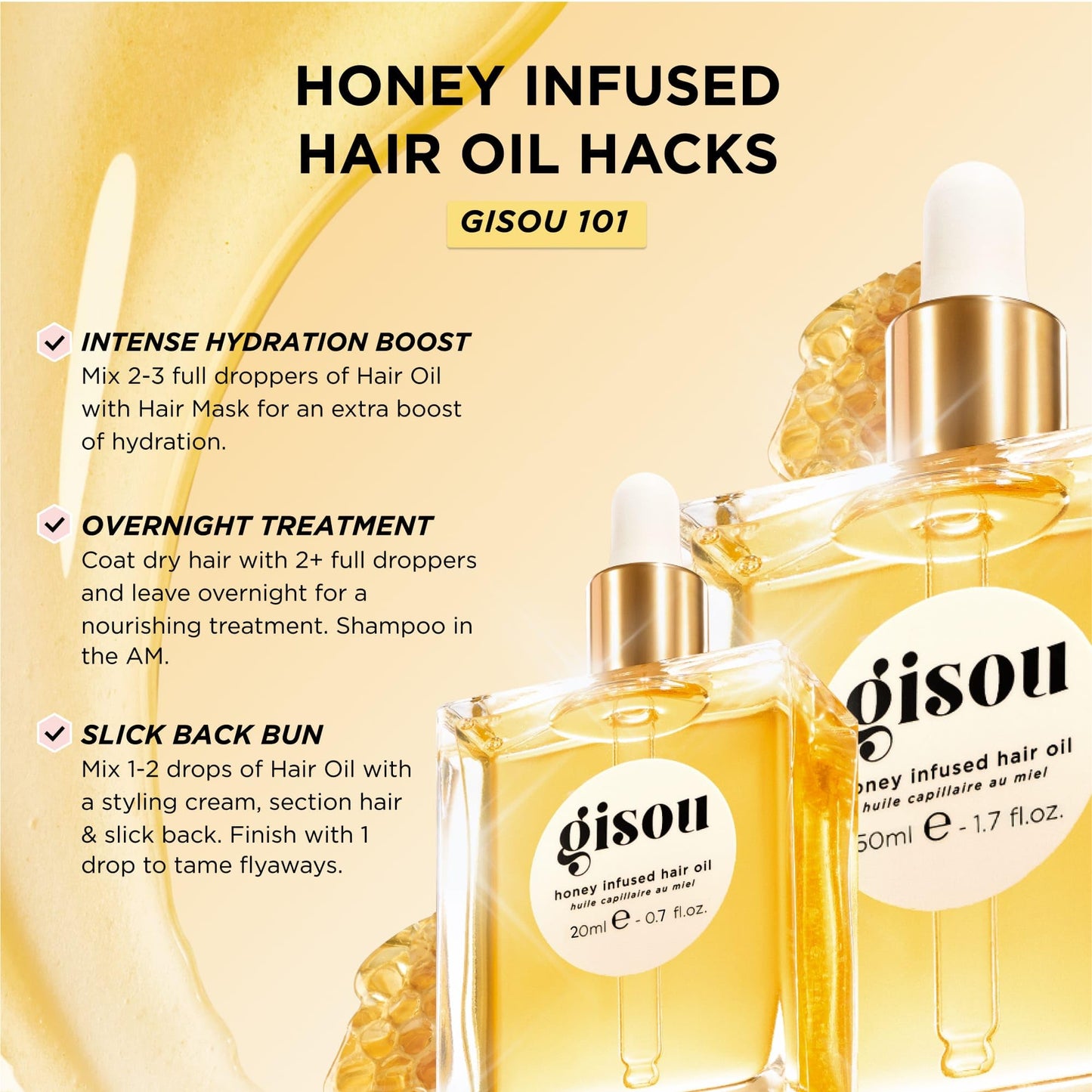 Gisou Honey Infused Hair Oil, Enriched with Mirsalehi Honey for Deep Nourishment, Hydration, Frizz Control, Heat Protection and Hair Shine, Hair Oil for Damaged Hair and Dry Hair (1.7 fl oz)
