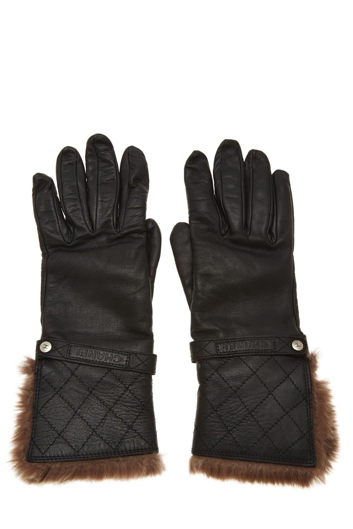 Chanel, Pre-Loved Black Leather Fur Trimmed Gloves, Black