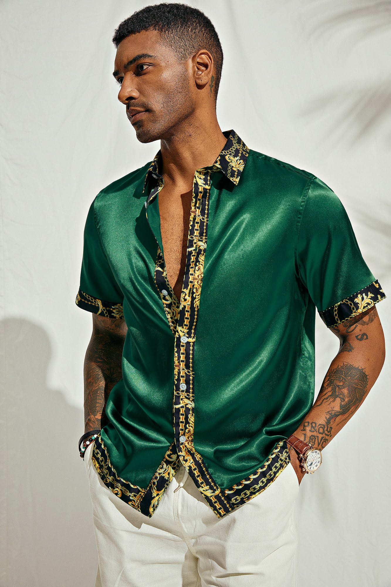 Mens Luxury Printed Satin Dress Shirts Wrinkle Free Short Sleeve Cool Beach Tops Dark Green XL