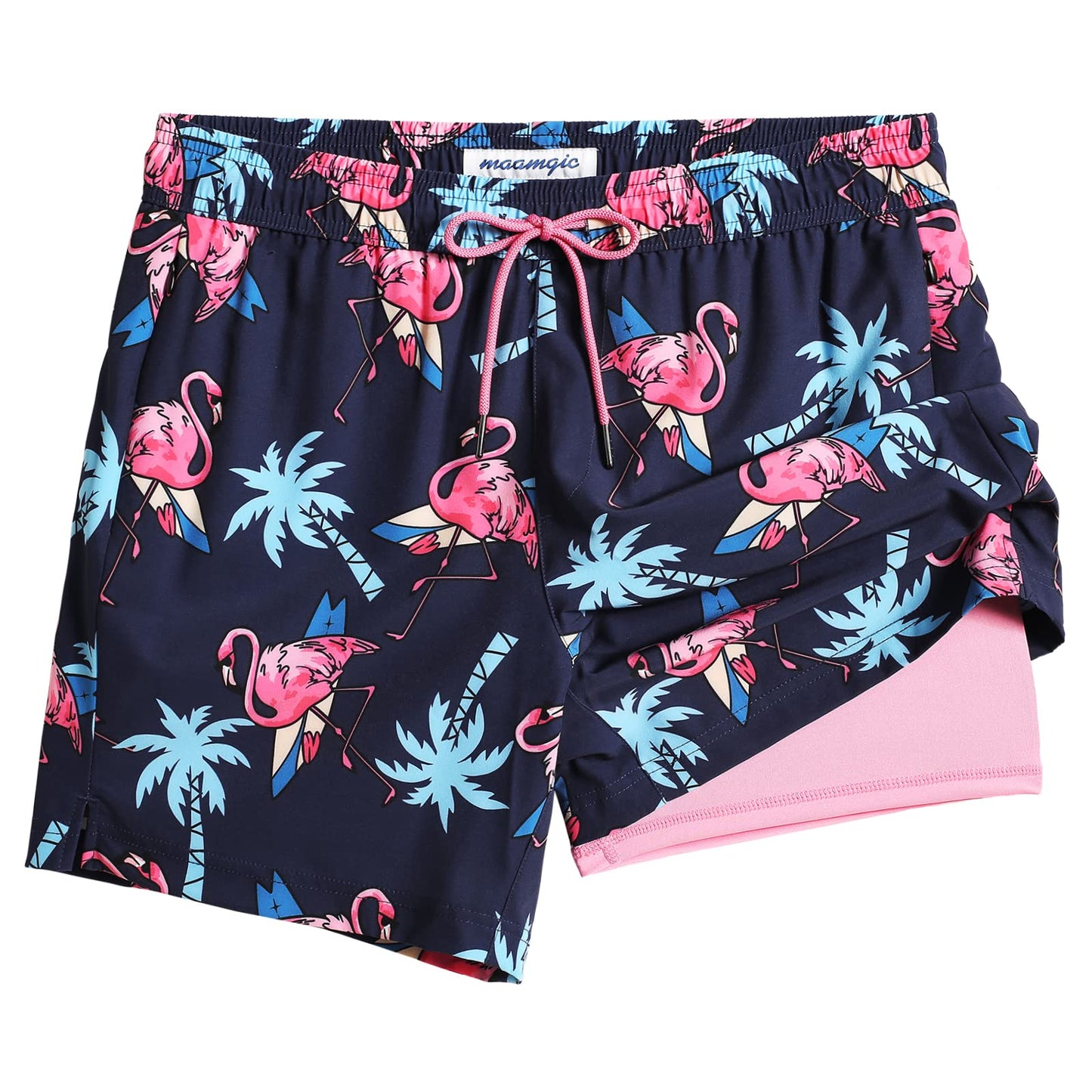 maamgic Mens Swim Trunks with Compression Liner 5" Stretch Beach Shorts Quick Dry with Zipper Pockets No-Chafing Board Shorts Navy-Flamingo Palm L