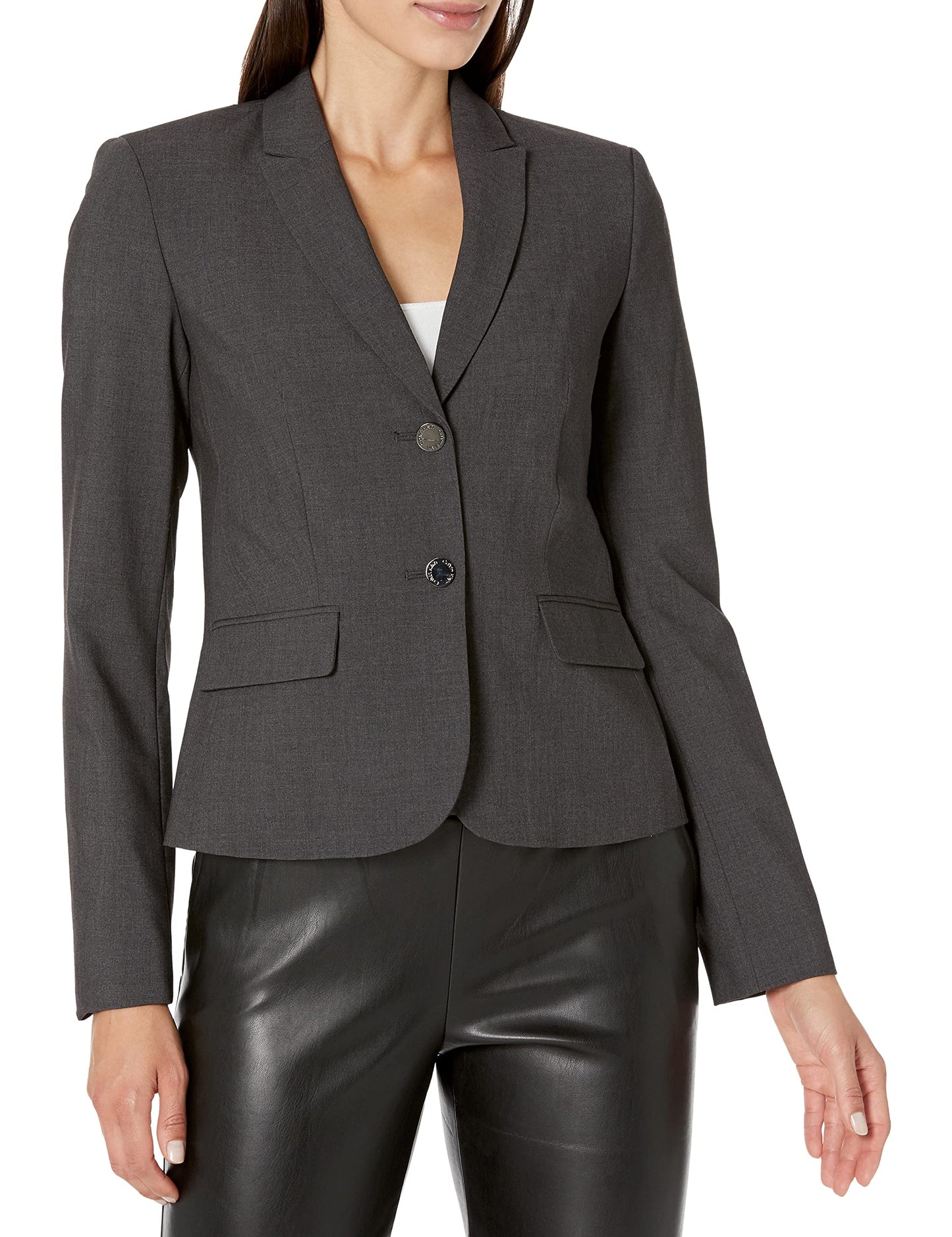 Calvin Klein Women's Two Button Lux Suit Blazer, Charcoal, 4 Petite