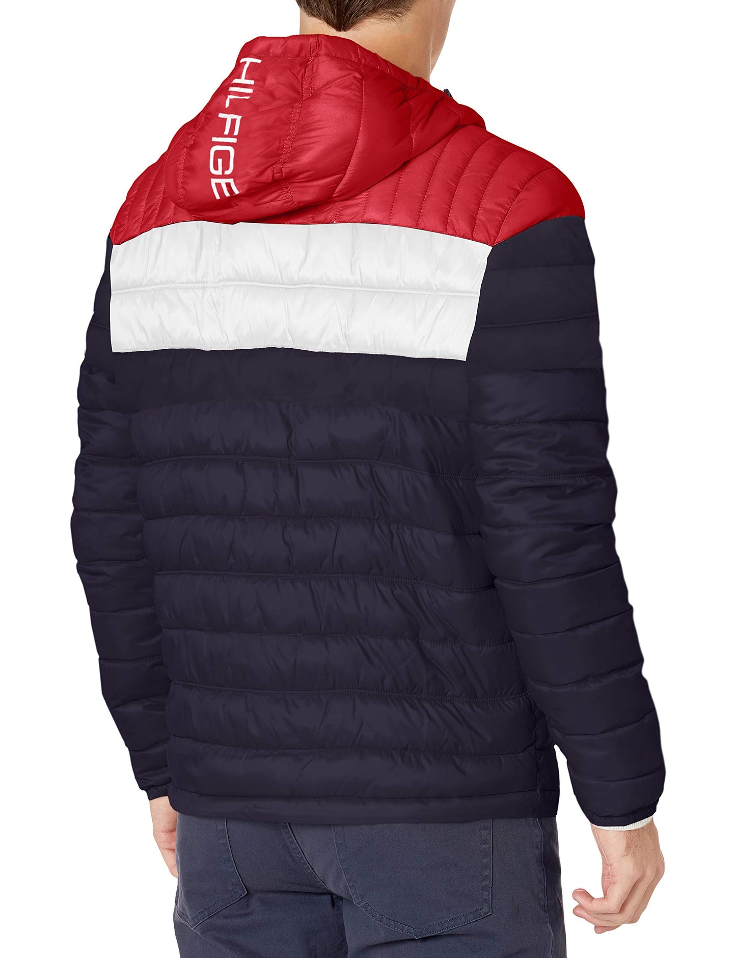 Tommy Hilfiger Men's Water Resistant Ultra Loft Filled Hooded Puffer Jacket Down Alternative Coat, Midnight/Ice/Red Flag Colorblock, Large US