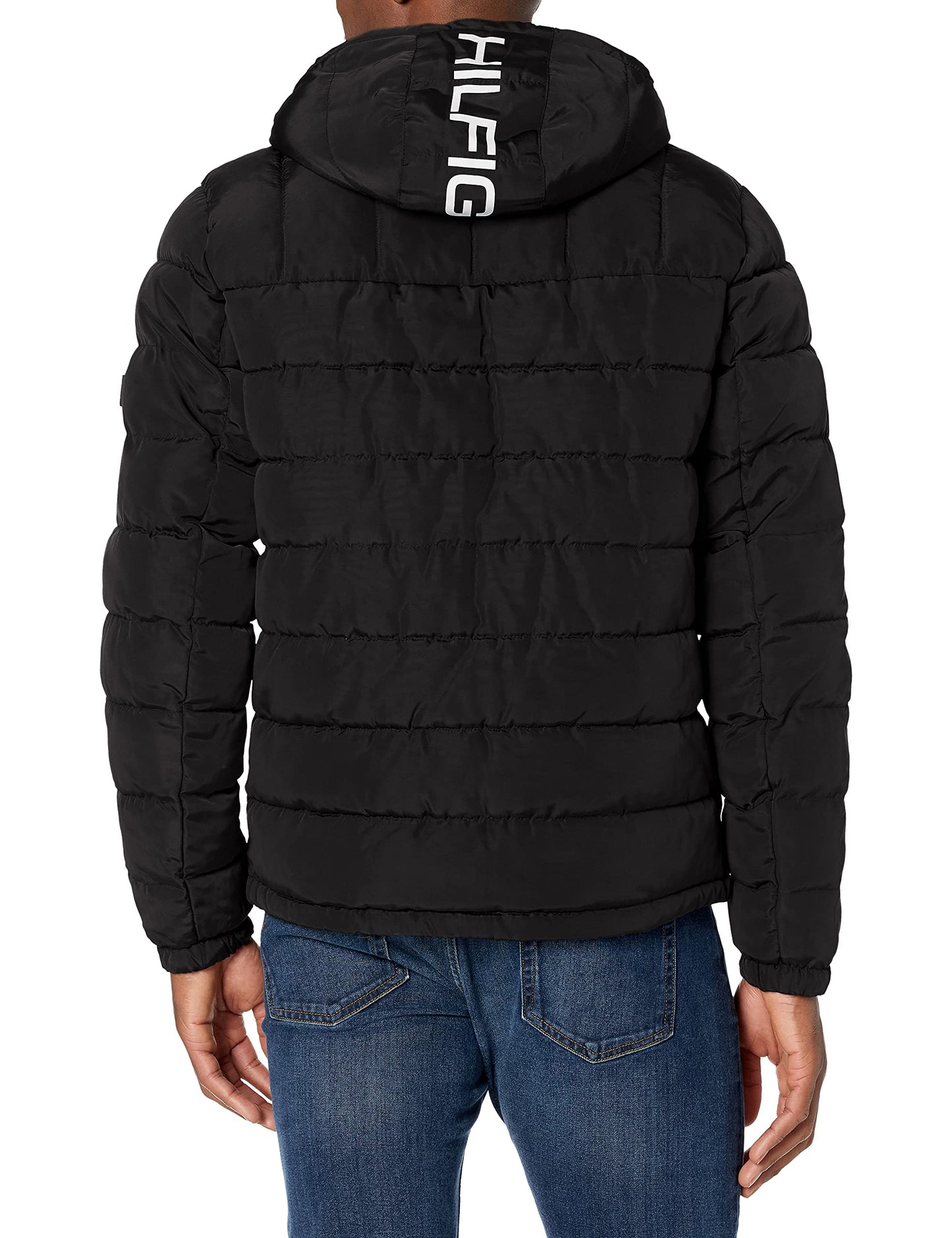 Tommy Hilfiger Men's Midweight Sherpa Lined Hooded Water Resistant Puffer Jacket, Black Tech, Large