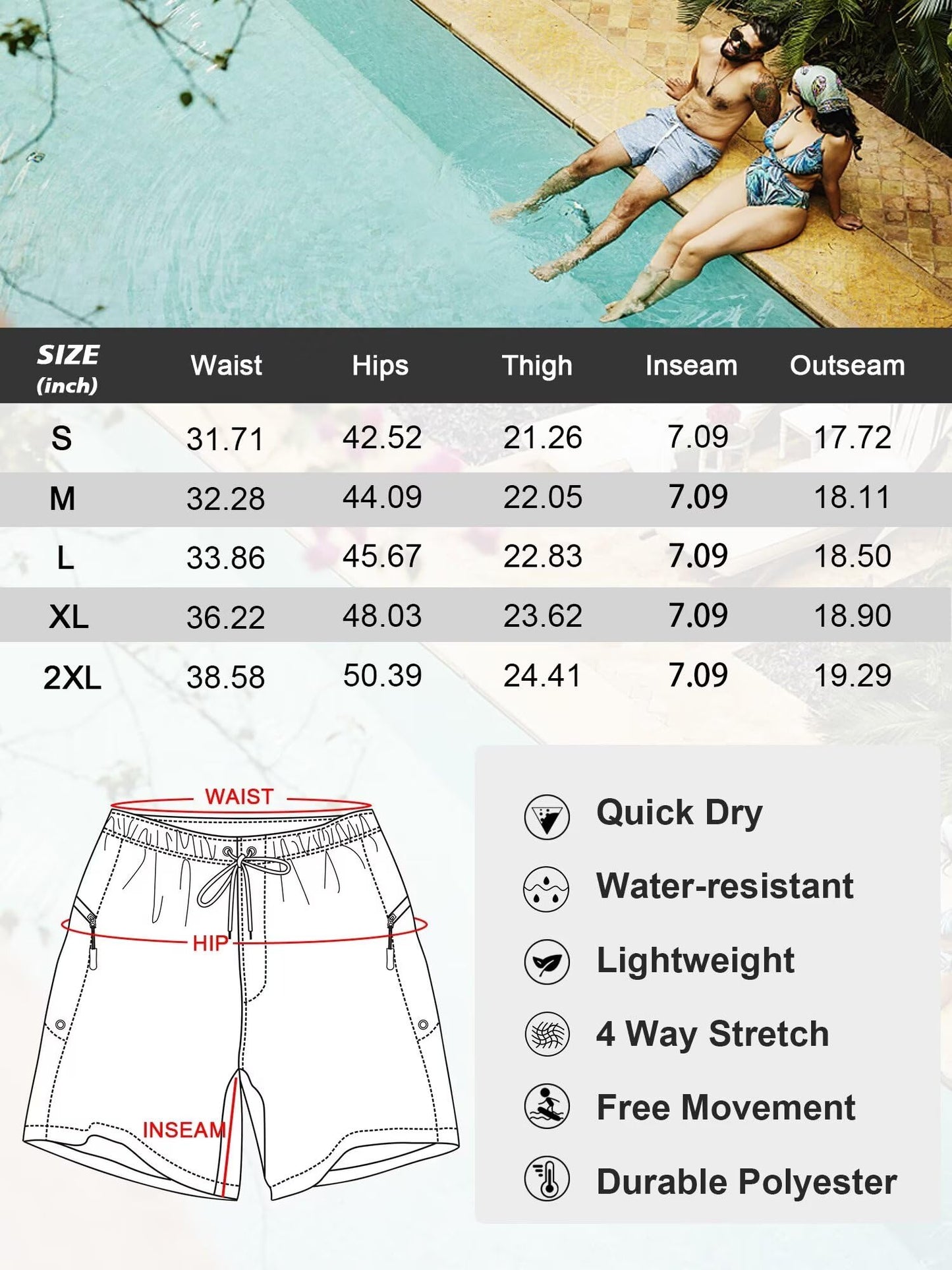 SILKWORLD Mens Swim Trunks with Compression Liner Quick Dry Bathing Suits Shorts with Zipper Pockets, Camouflage Fish, Large