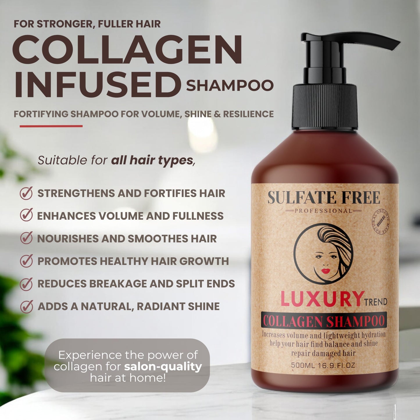 LUXURY TREND Collagen Hair Shampoo for Women - Salon-Grade Thickening & Growth, Professional Cleansing for Fuller, Healthier Locks, Sulfate-Free, 16.9 oz