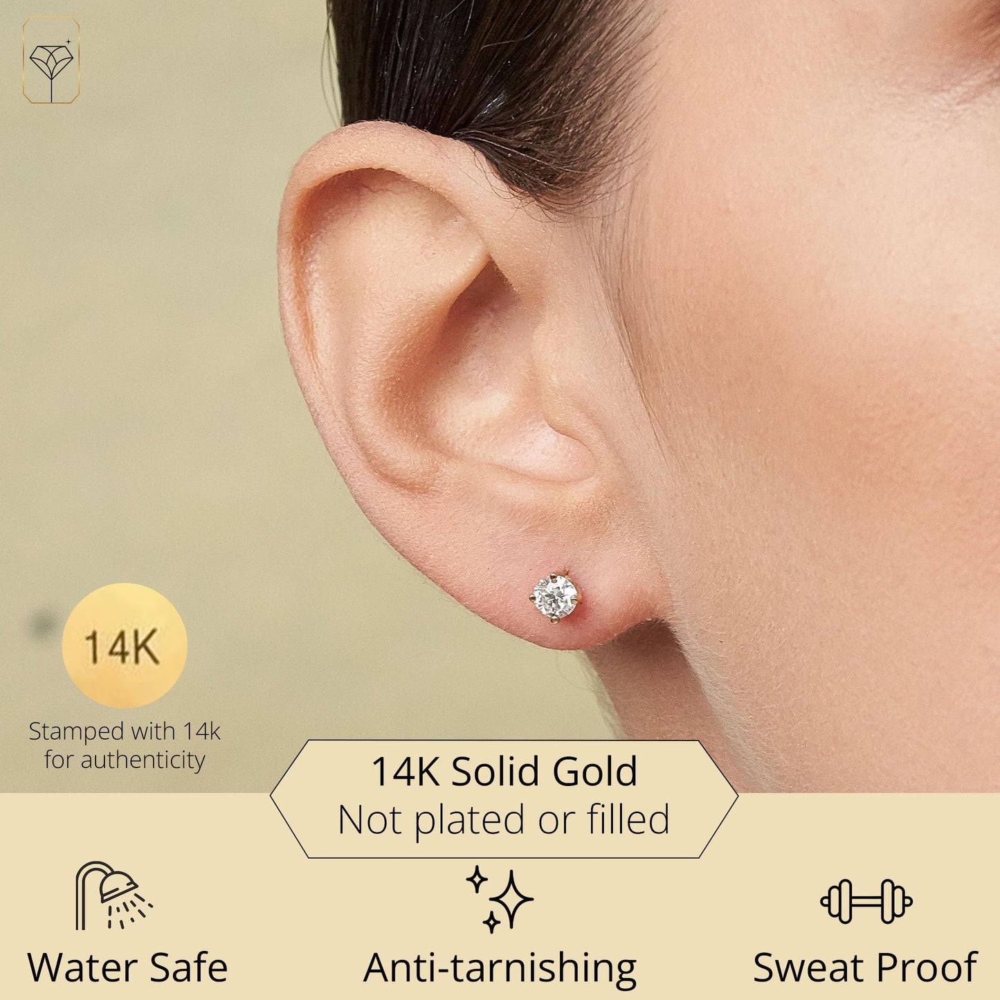 MAX + STONE 14k Yellow Gold Earrings for Women & Men with Genuine Round Crystal | Cubic Zirconia Earrings Studs with Gold Earring Backs | 1 Carat total |