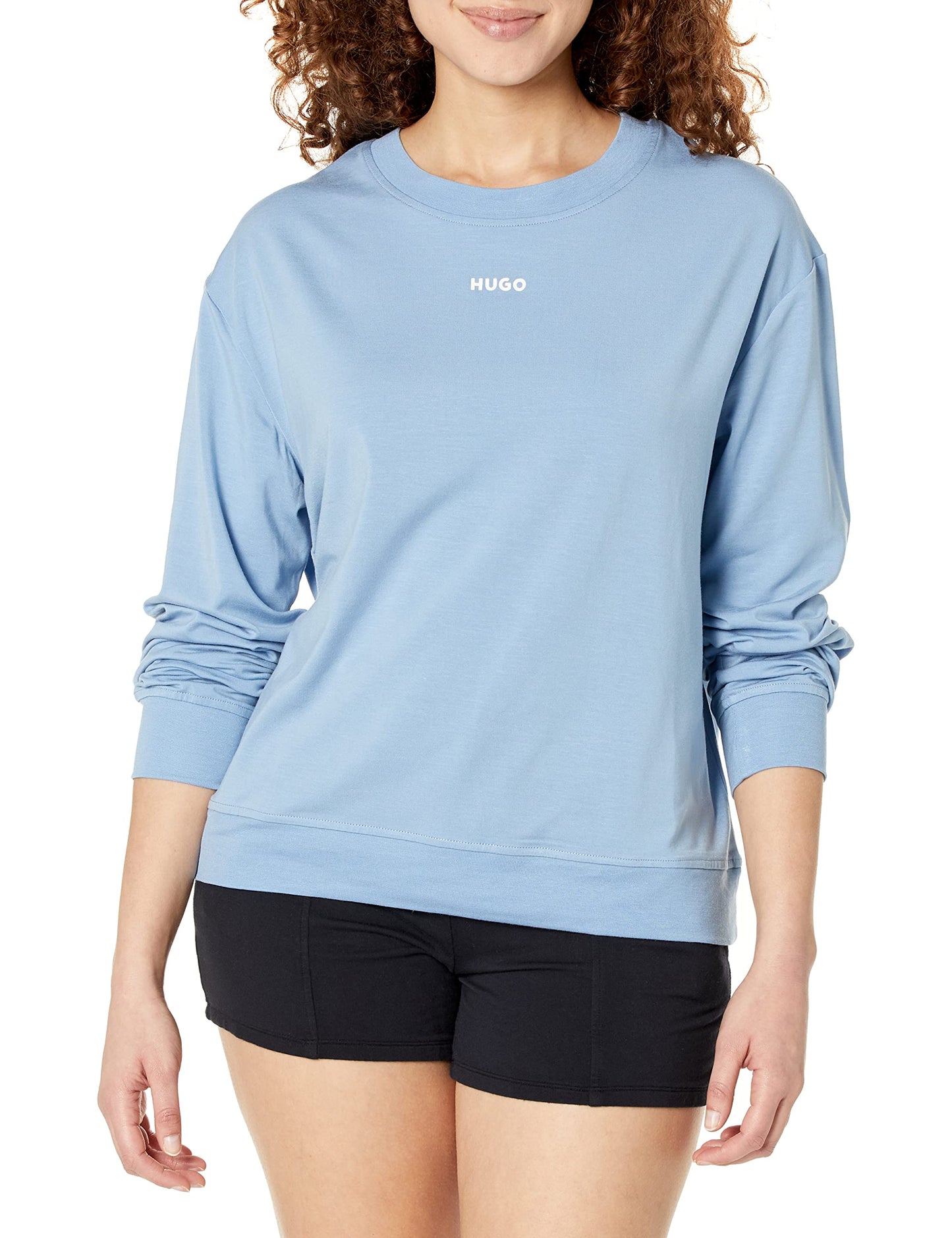 HUGO Women's Jersey Center Logo Lounge Sweatshirt, Sky Blue, L