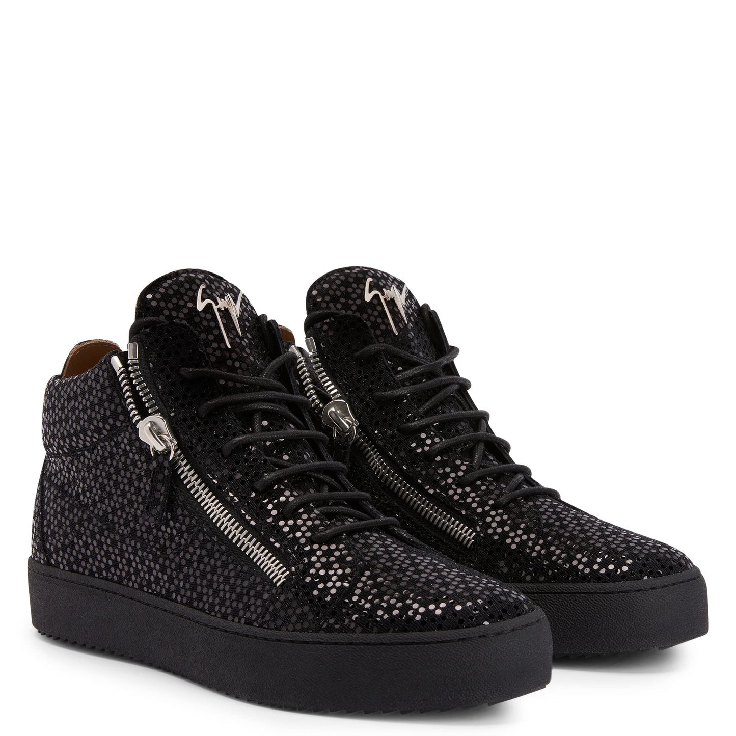 Giuseppe Zanotti, Kriss Black Laminated Synthetic Fabric Mid-Top Sneakers, 15, Black