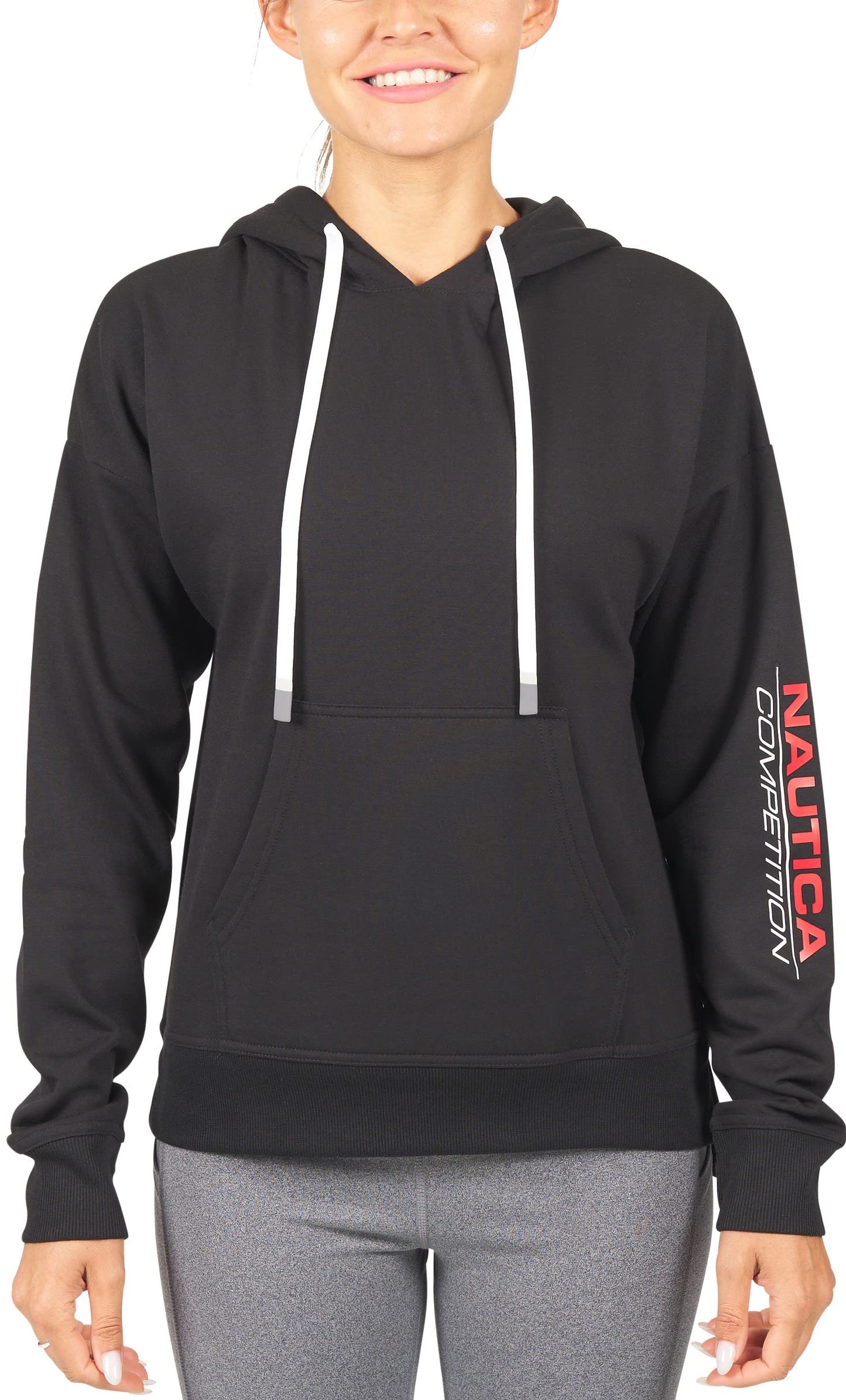 Nautica Competition Women's Active French Terry Pullover Sweatshirt Hoodie W/Pockets (Large, Black 2)