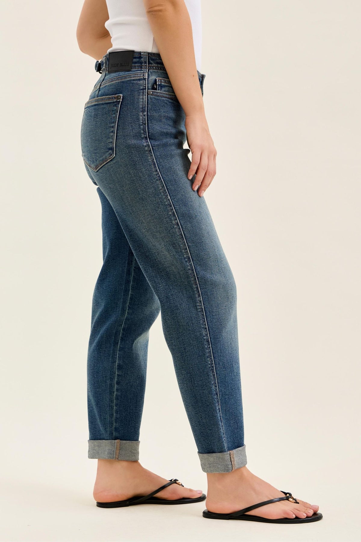 Judy Blue Mid Rise Dark Wash Boyfriend with Adjustable Back Tab + Hollywood WaistBand Jeans - Inseam 28