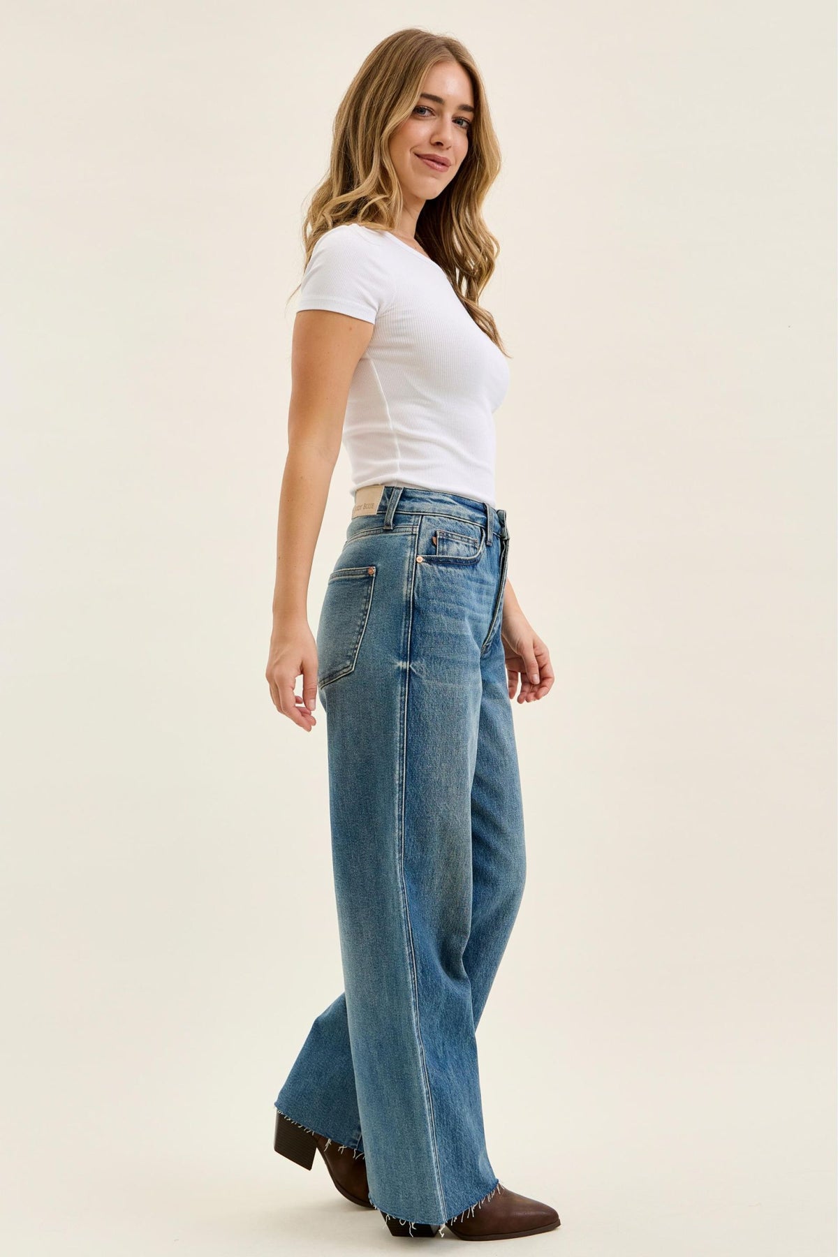 Judy Blue High Waist Vintage Indigo Wilhelmina Baggy Jeans – Rigid Magic Denim, Raw Hem, Relaxed Wide Leg Fit