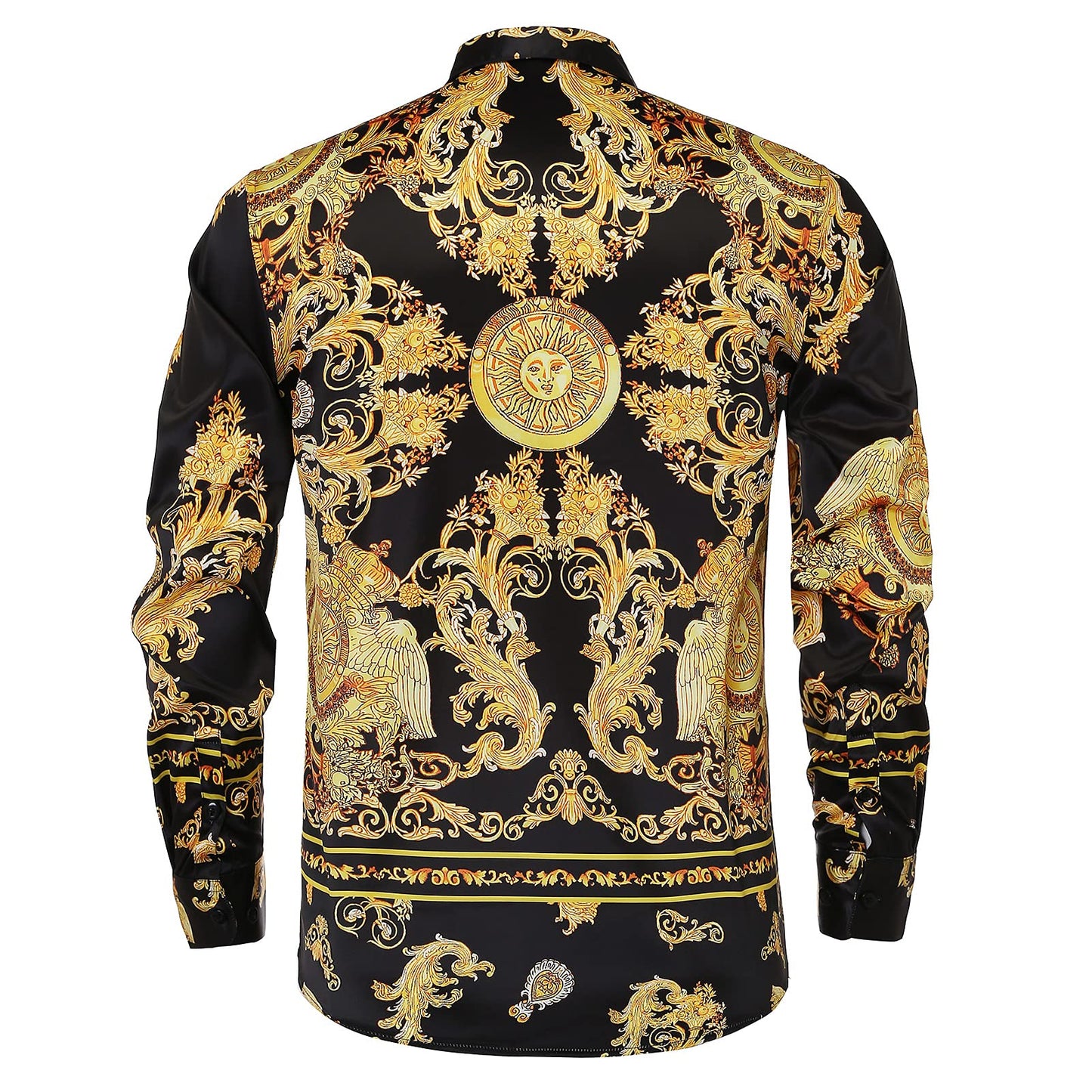 Mens Luxury Brand Printed Silk Like Satin Button Down Dress Shirt for Party Prom Long Sleeve Black Gold Floral Nightclub Shirt