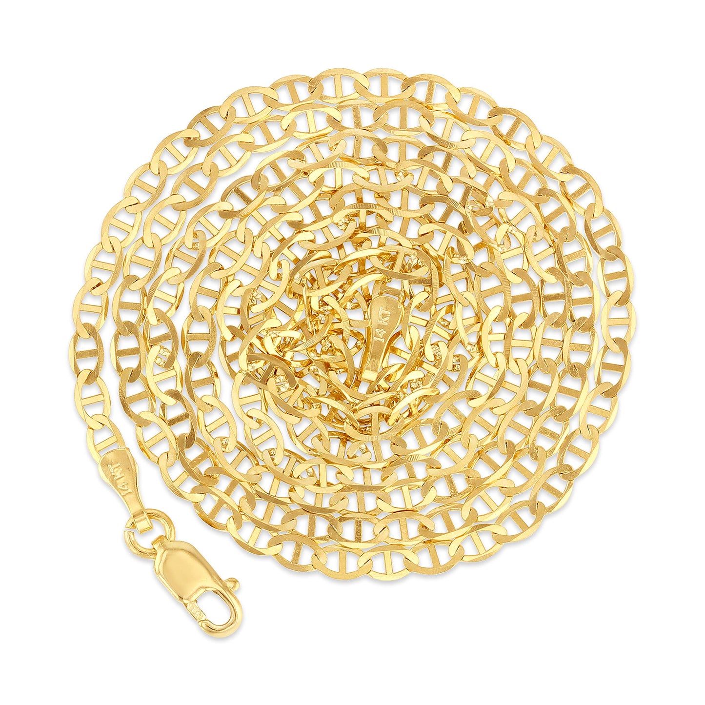 Ioka - 14K REAL Yellow Solid Gold 2.5mm Flat Mariner Chain Necklace with Lobster Clasp - 20"