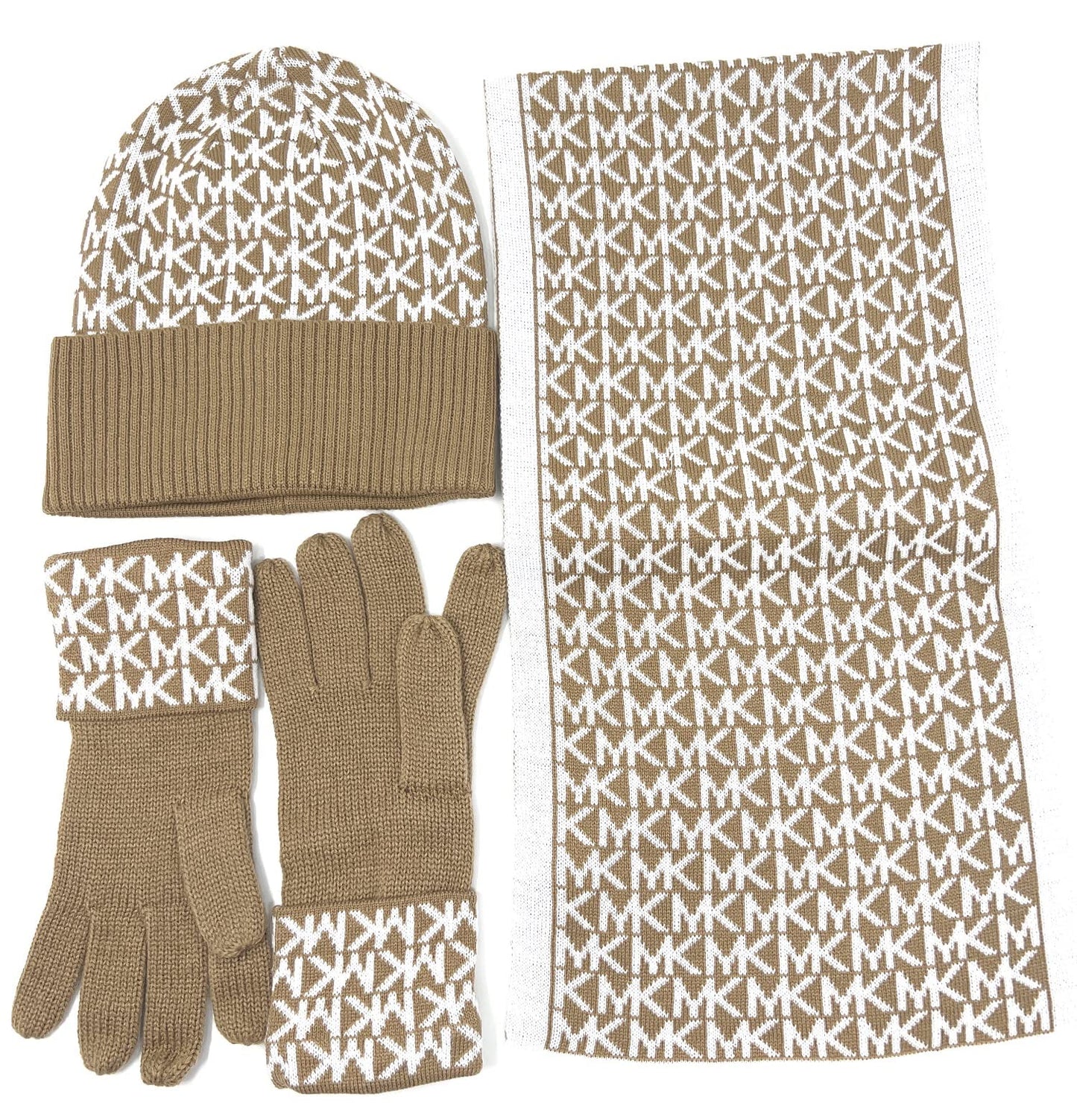 Michael Kors Women's Circle Logo Scarf, Hat, Glove Set, Camel/Cream