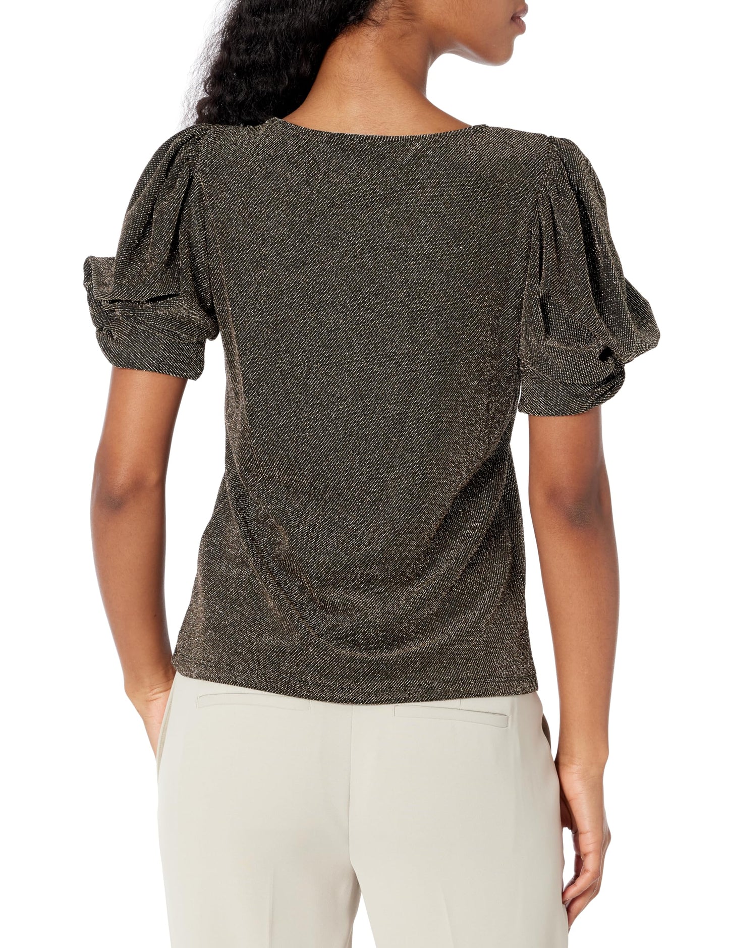 DKNY Women's Everyday Essential Puff Sleeve Top, Gold/BLK