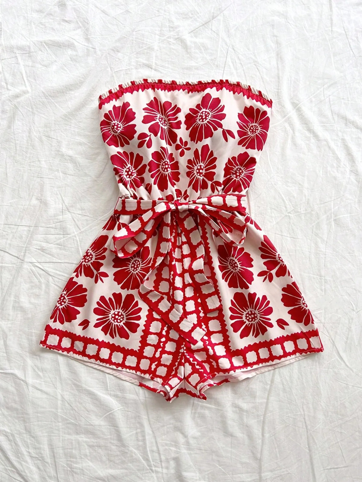 Printed Tube Tie Waist Romper