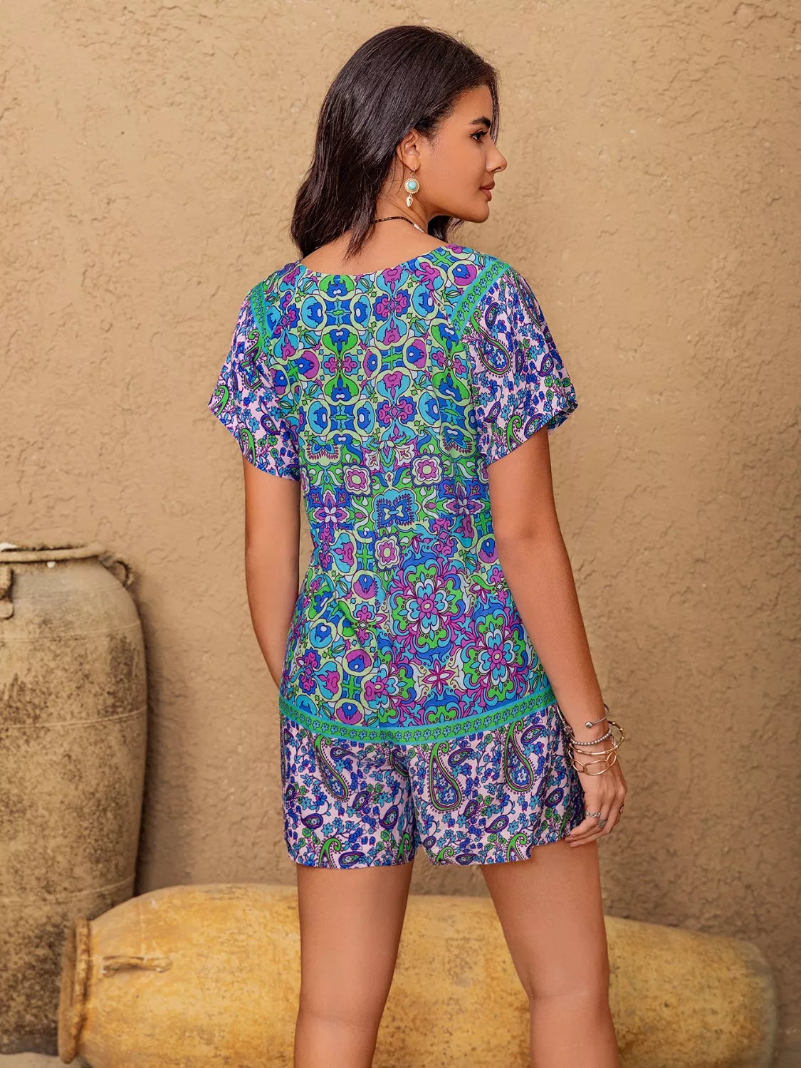 Printed Tie Front Short Sleeve Romper