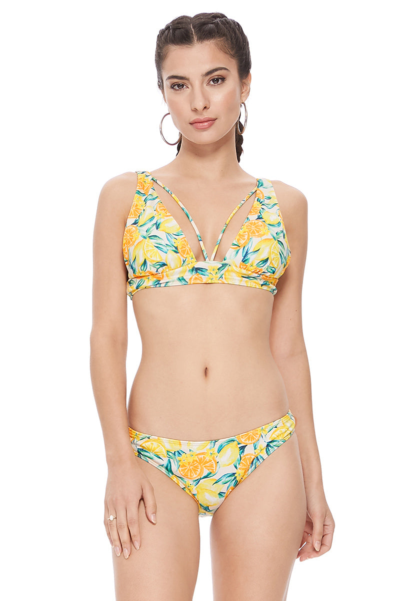 TEXTURED LEMON PRINT STRING DETAIL HALTER BIKINI SET