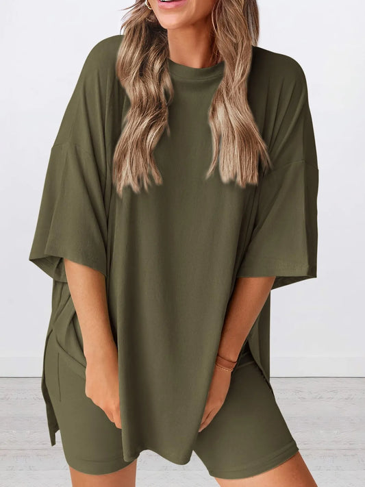 Full Size Oversized Slit Round Neck Top and Shorts Lounge Set Plus Size