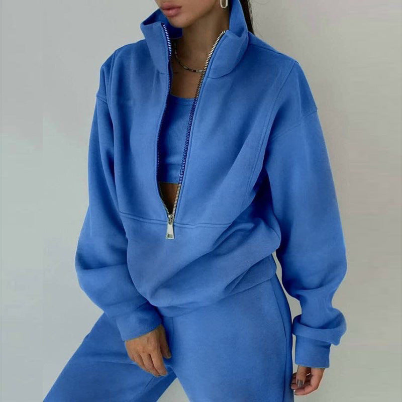 Women's Full-Zip Cropped Sweatshirt & Wide-Leg Pants Fleece Two-Piece Set