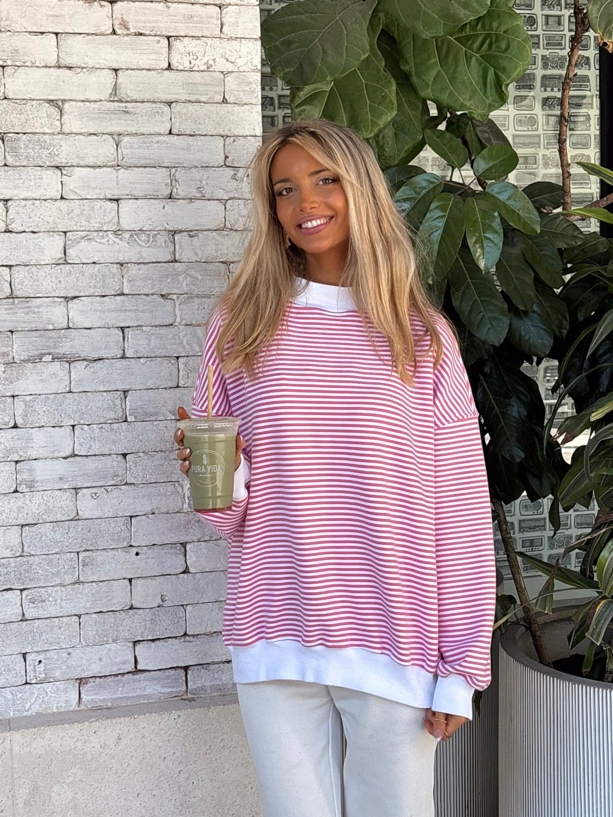 Dark Pink and White Big Striped Mockneck Sweatshirt