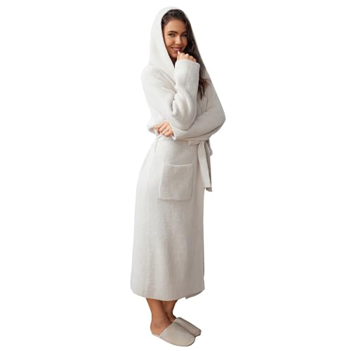 MH MYLUNE HOME Ultra Soft Robe With Pockets, Spa Bathrobe Loungewear Calf-Length, Plush Fuzzy Fluffy Wrap Robe for Women, Women's Robes, Hooded Ribbed Taupe