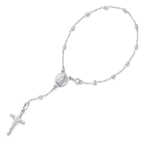 14k REAL White Gold 3mm Moon Cut Ball Rosary/Rosario Bracelet with Virgin Mary - 7.25"